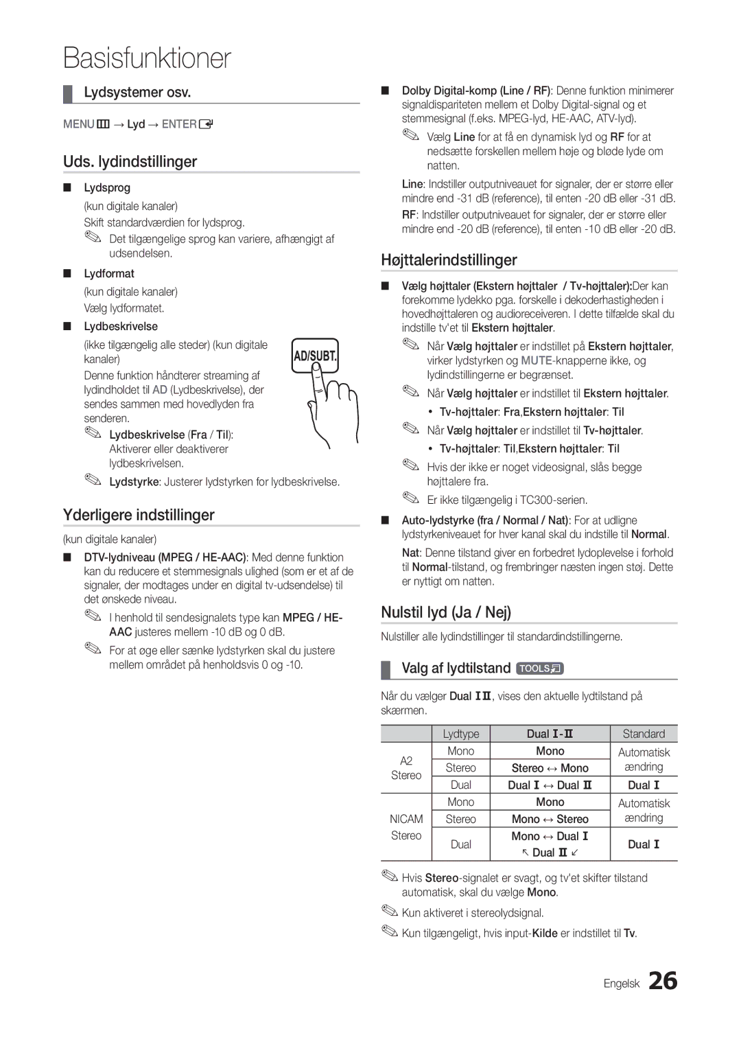 Samsung LT22C300EW/XE manual Uds. lydindstillinger, Yderligere indstillinger, Højttalerindstillinger, Nulstil lyd Ja / Nej 