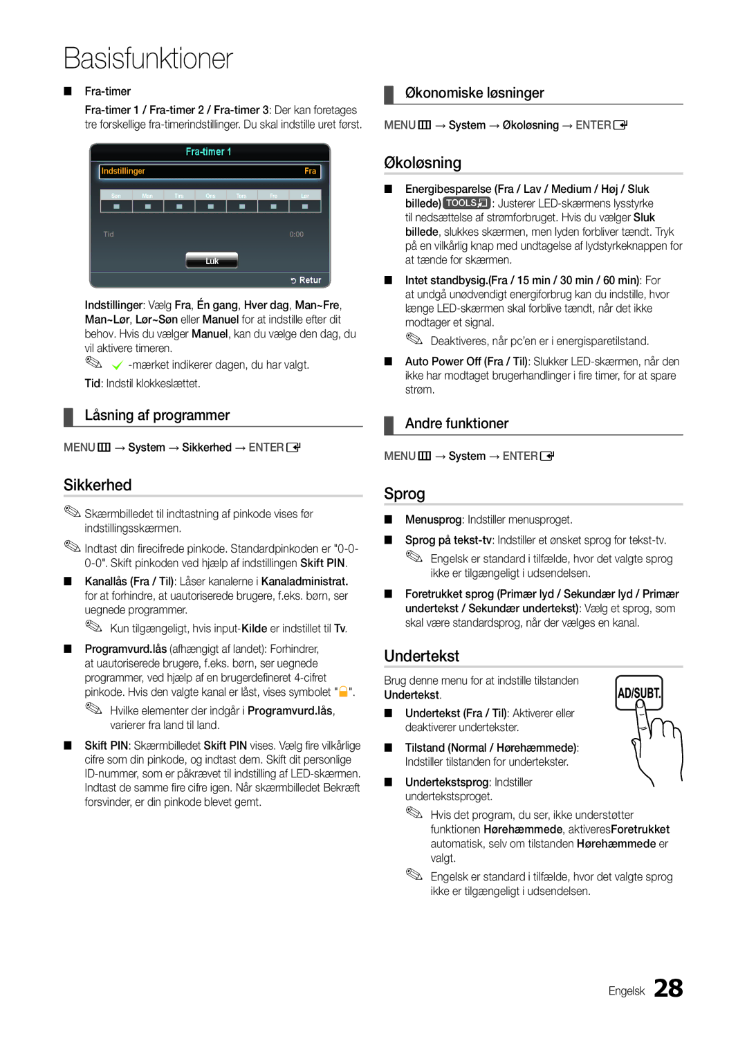 Samsung LT24C300EW/XE, LT27C370EW/XE, LT22C300EW/XE manual Sikkerhed, Økoløsning, Sprog, Undertekst 