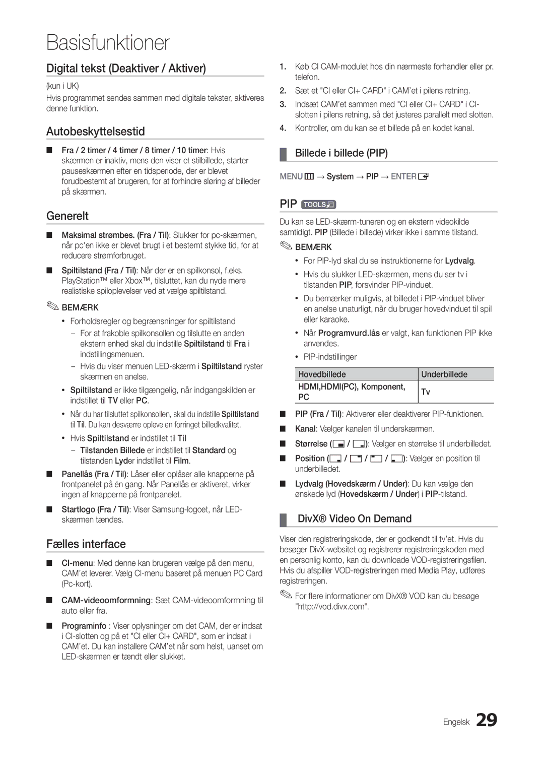 Samsung LT22C300EW/XE manual Digital tekst Deaktiver / Aktiver, Autobeskyttelsestid, Generelt, Fælles interface, PIP t 