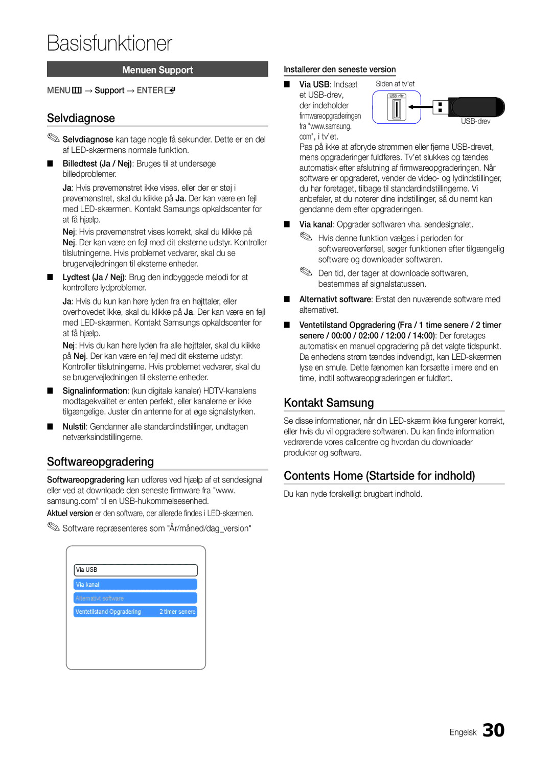 Samsung LT27C370EW/XE manual Selvdiagnose, Softwareopgradering, Kontakt Samsung, Contents Home Startside for indhold 