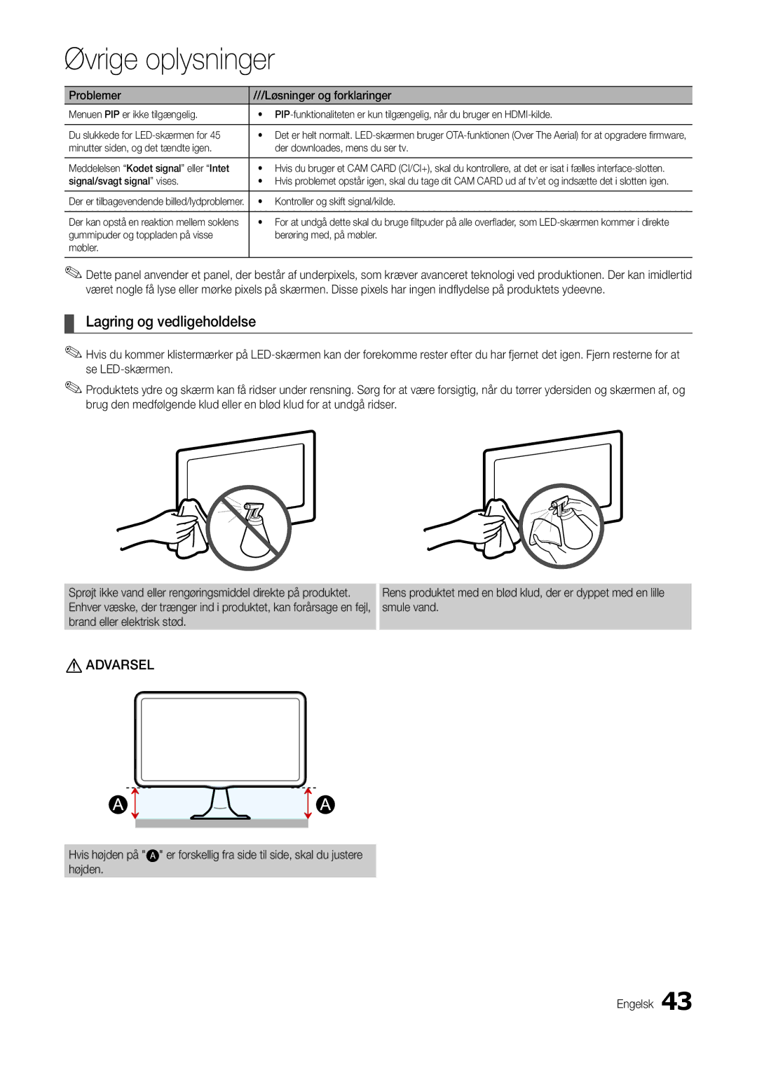 Samsung LT24C300EW/XE manual Lagring og vedligeholdelse, Signal/svagt signal vises, Kontroller og skift signal/kilde 