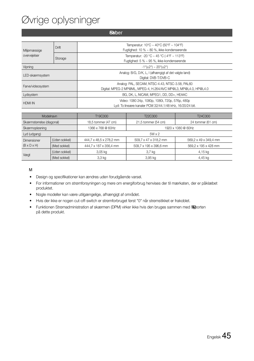 Samsung LT27C370EW/XE Drift, Miljømæssige, Overvejelser Storage, Vipning, Lydsystem, Modelnavn, Skærmstørrelse diagonal 