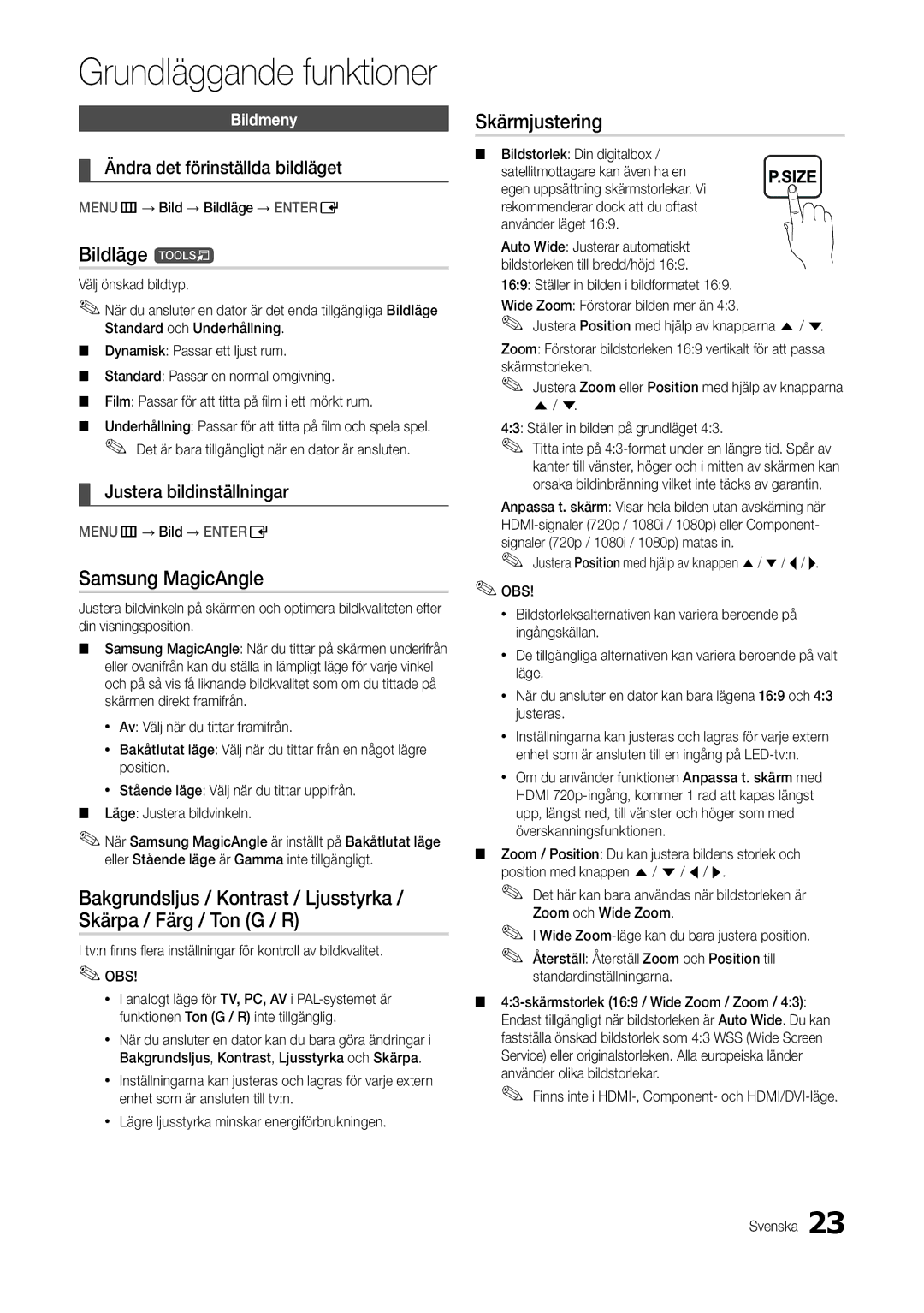 Samsung LT22C300EW/XE, LT27C370EW/XE manual Bildläge t, Samsung MagicAngle, Skärmjustering, Ändra det förinställda bildläget 