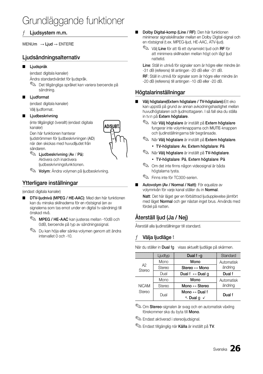 Samsung LT22C300EW/XE Ljudsändningsalternativ, Ytterligare inställningar, Högtalarinställningar, Återställ ljud Ja / Nej 