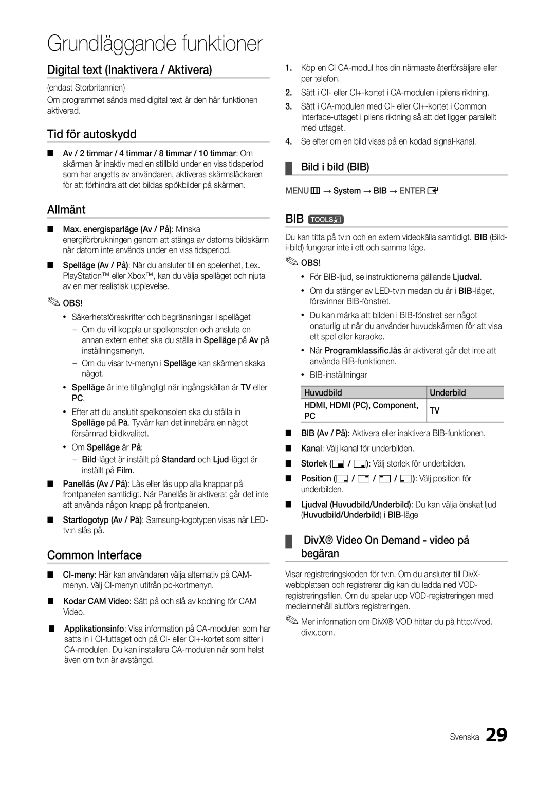 Samsung LT22C300EW/XE manual Digital text Inaktivera / Aktivera, Tid för autoskydd, Allmänt, Common Interface, BIB t 