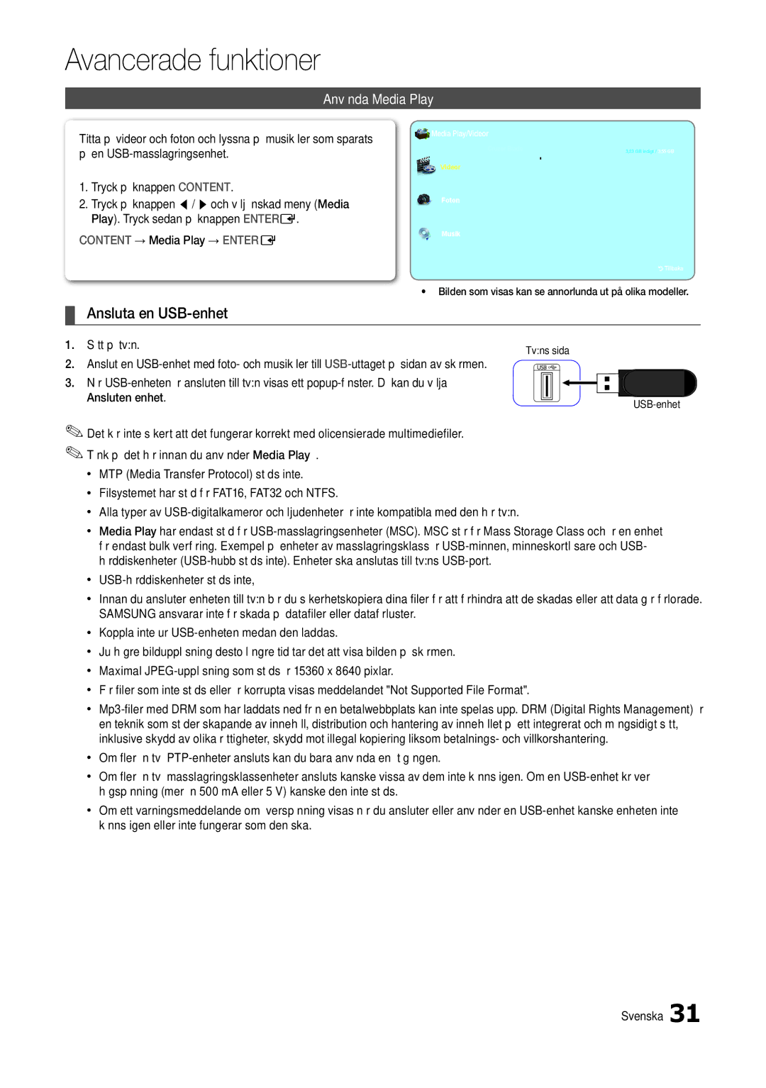 Samsung LT24C300EW/XE manual Ansluta en USB-enhet, Använda Media Play, Sätt på tvn, Xx USB-hårddiskenheter stöds inte 