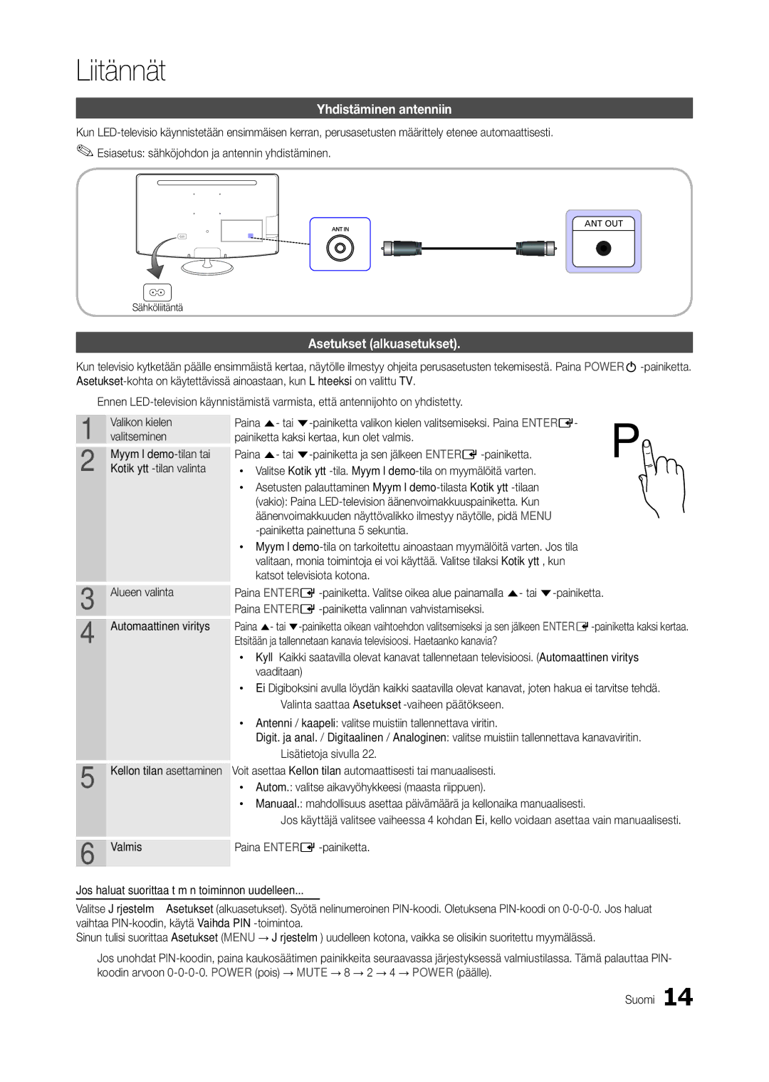 Samsung LT22C300EW/XE, LT27C370EW/XE, LT24C300EW/XE manual Liitännät, Yhdistäminen antenniin, Asetukset alkuasetukset 