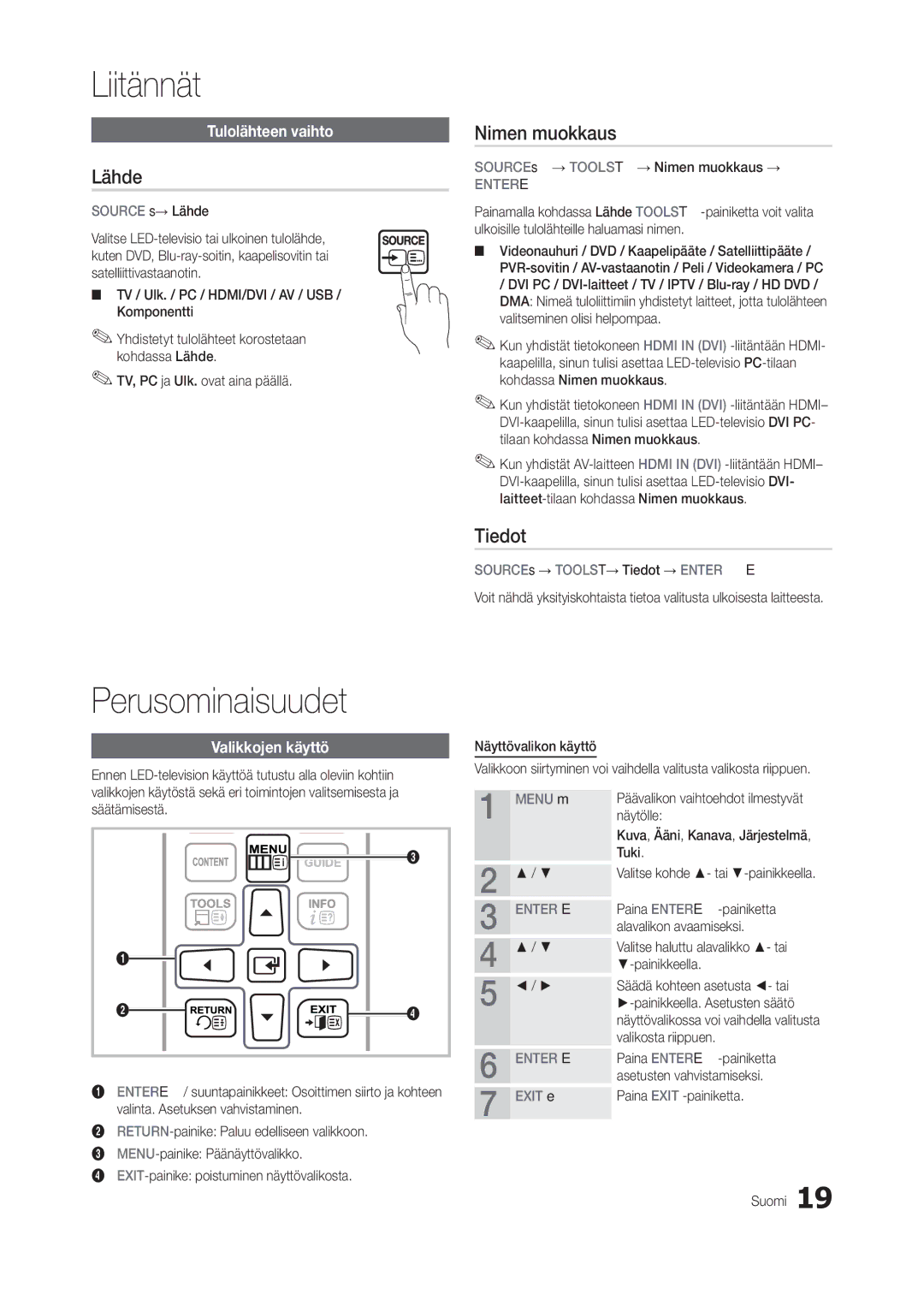 Samsung LT24C300EW/XE, LT27C370EW/XE, LT22C300EW/XE manual Perusominaisuudet, Lähde, Nimen muokkaus, Tiedot 