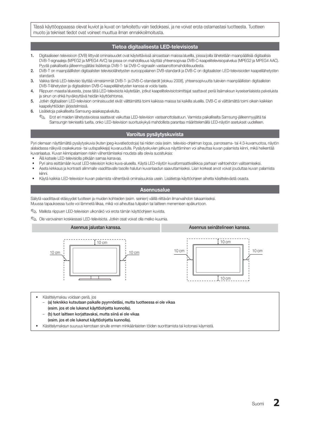 Samsung LT22C300EW/XE, LT27C370EW/XE manual Tietoa digitaalisesta LED-televisiosta, Varoitus pysäytyskuvista, Asennusalue 