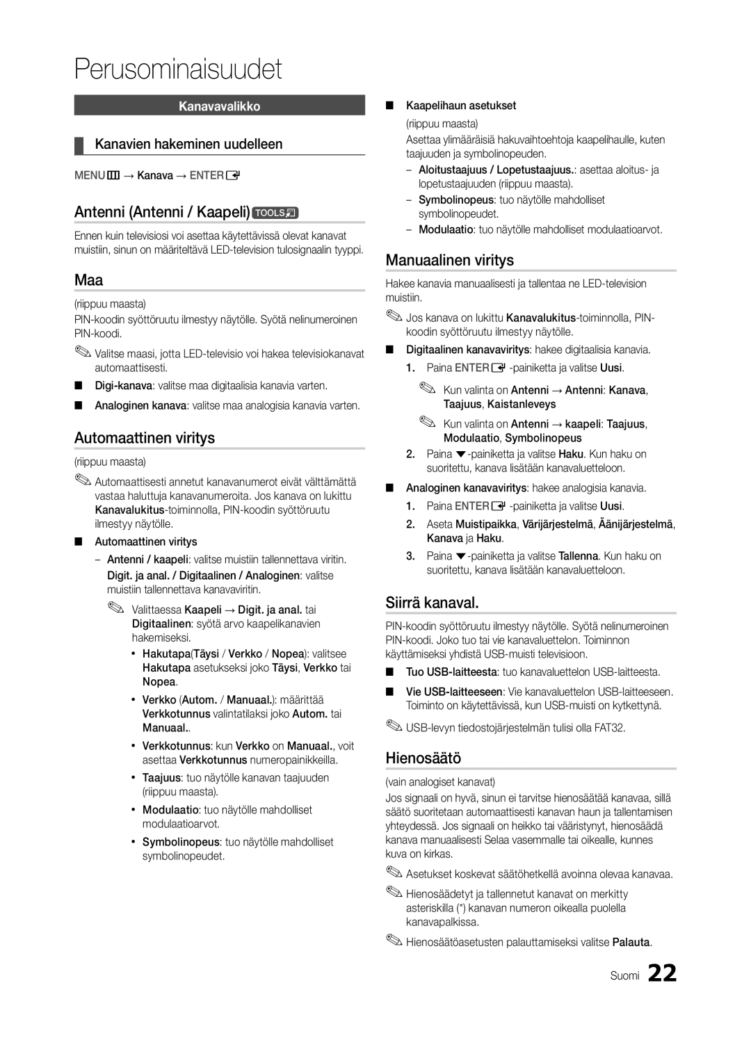 Samsung LT24C300EW/XE manual Antenni Antenni / Kaapelit, Maa, Automaattinen viritys, Manuaalinen viritys, Siirrä kanaval 