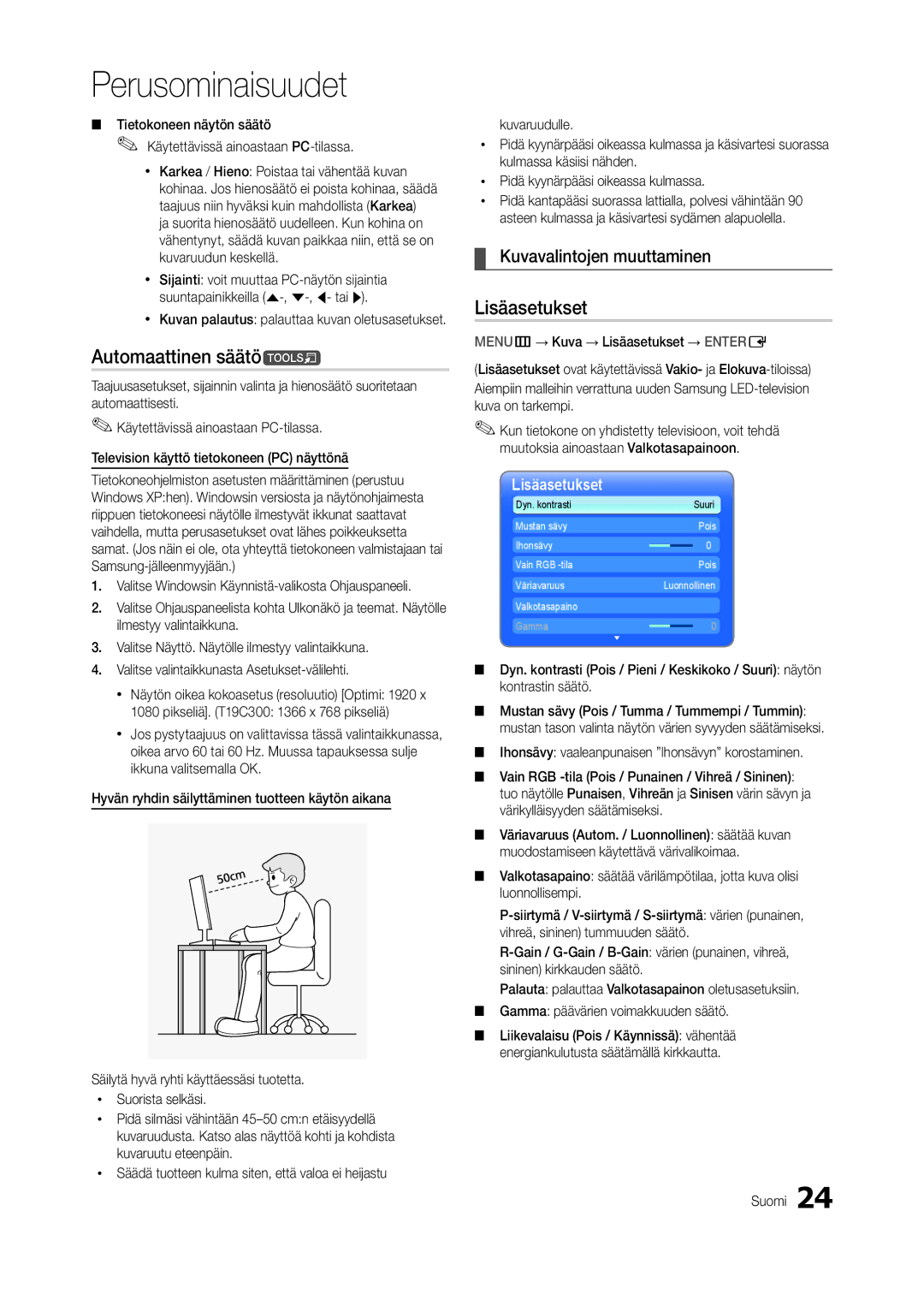 Samsung LT27C370EW/XE, LT24C300EW/XE, LT22C300EW/XE manual Automaattinen säätöt, Lisäasetukset, Kuvavalintojen muuttaminen 