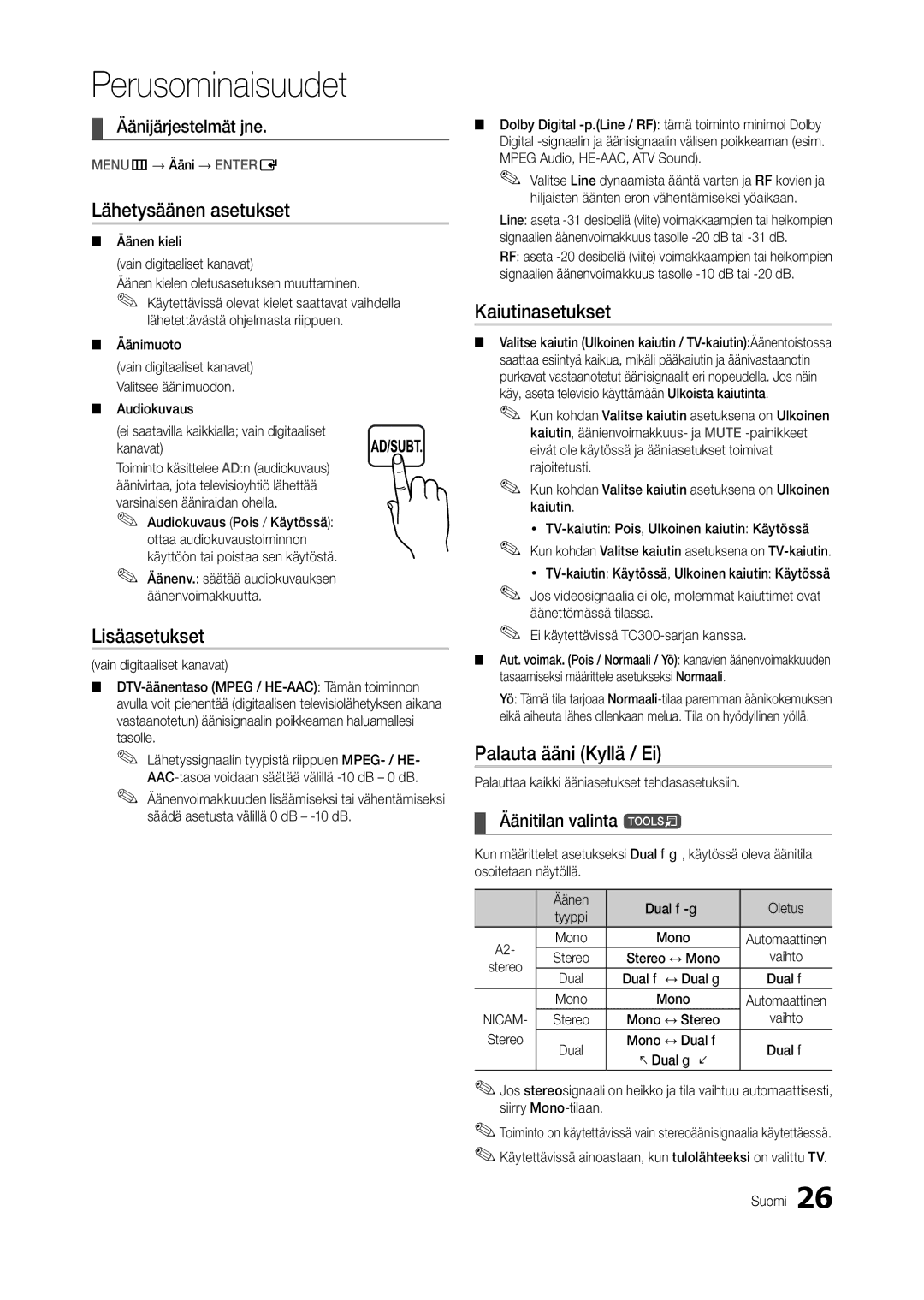 Samsung LT22C300EW/XE manual Lähetysäänen asetukset, Kaiutinasetukset, Palauta ääni Kyllä / Ei, Äänijärjestelmät jne 