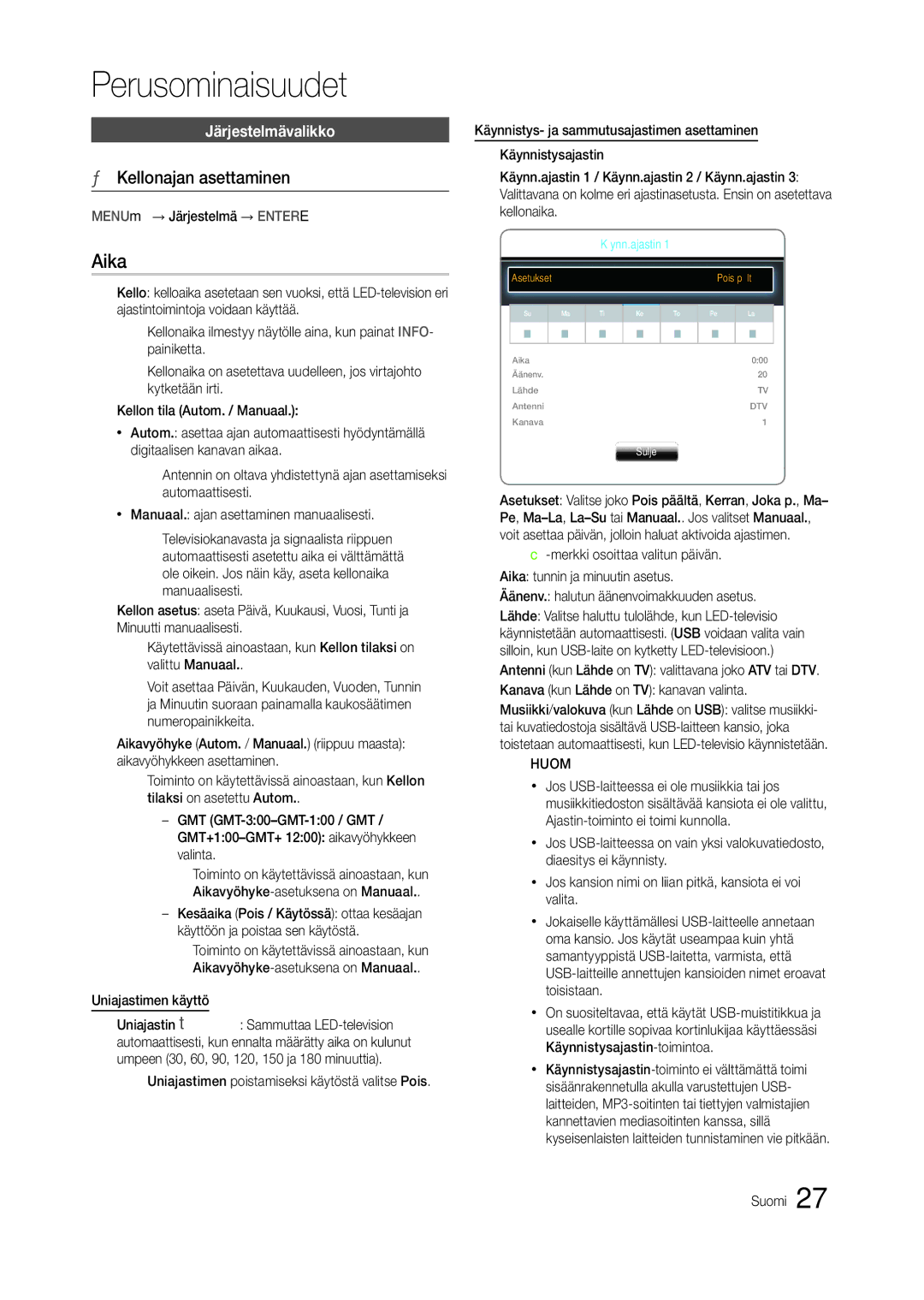 Samsung LT27C370EW/XE, LT24C300EW/XE, LT22C300EW/XE manual Aika, Kellonajan asettaminen, Järjestelmävalikko 