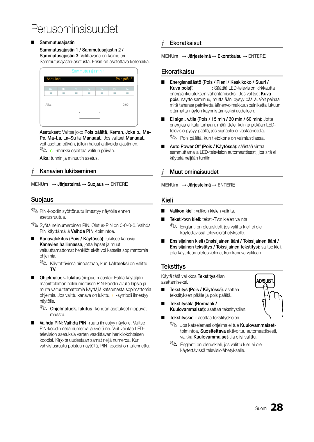 Samsung LT24C300EW/XE, LT27C370EW/XE, LT22C300EW/XE manual Ekoratkaisu, Suojaus, Kieli, Tekstitys 