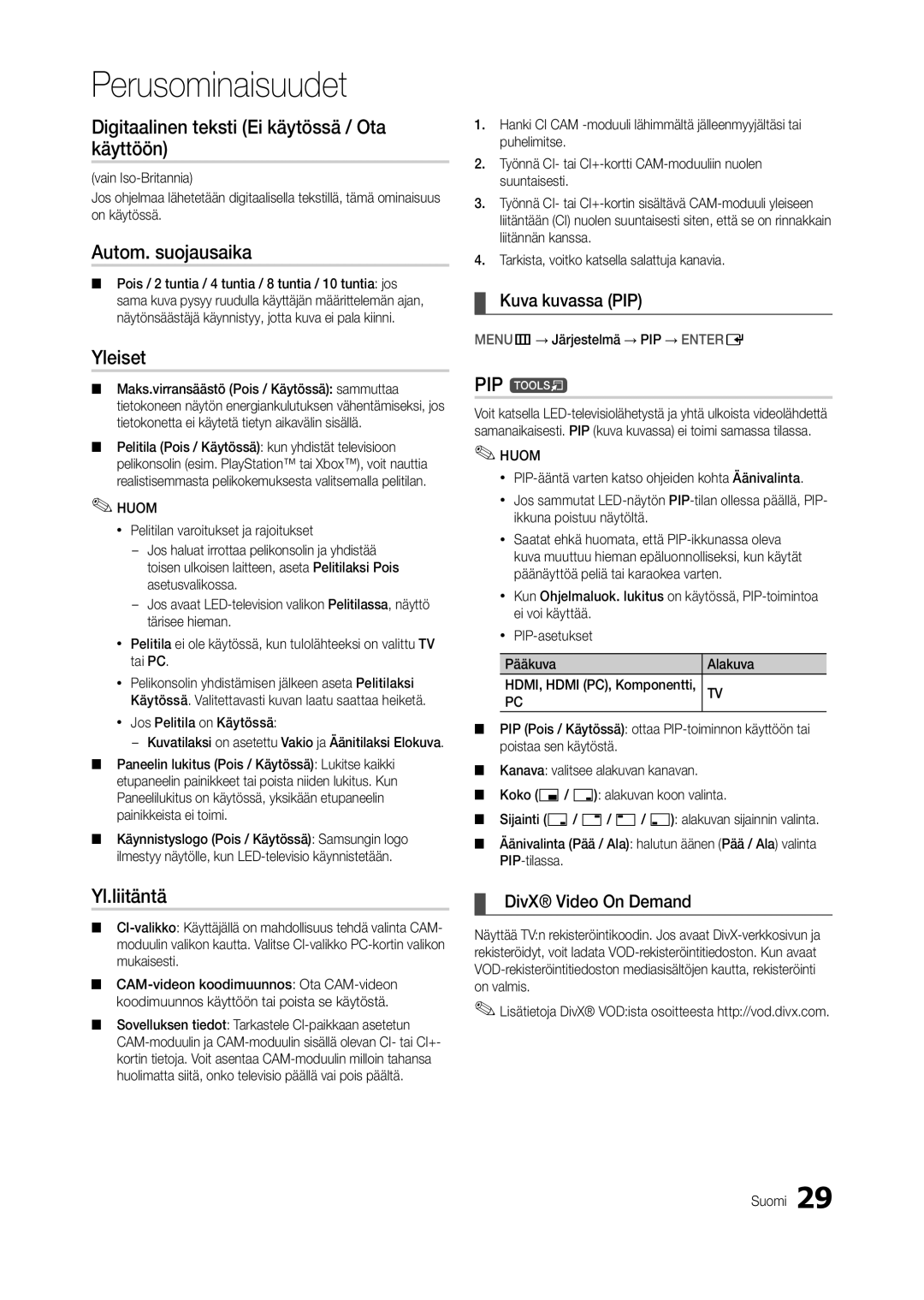 Samsung LT22C300EW/XE Digitaalinen teksti Ei käytössä / Ota käyttöön, Autom. suojausaika, Yleiset, Yl.liitäntä, PIP t 