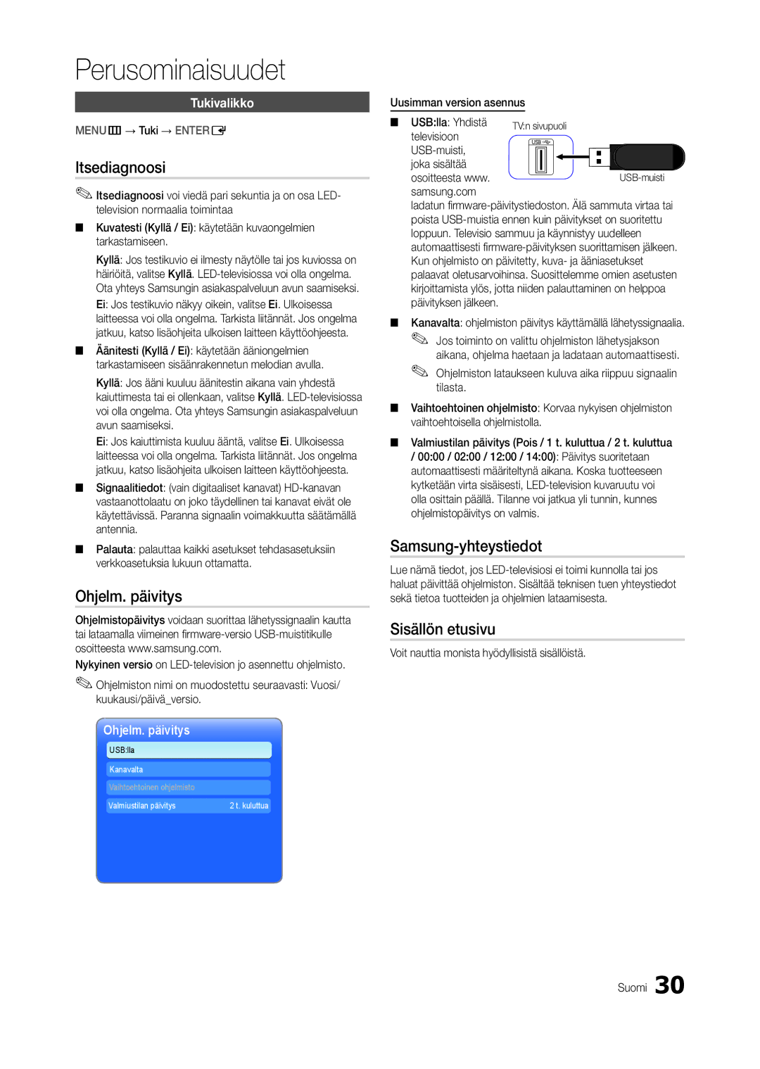 Samsung LT27C370EW/XE, LT24C300EW/XE, LT22C300EW/XE Itsediagnoosi, Ohjelm. päivitys, Samsung-yhteystiedot, Sisällön etusivu 