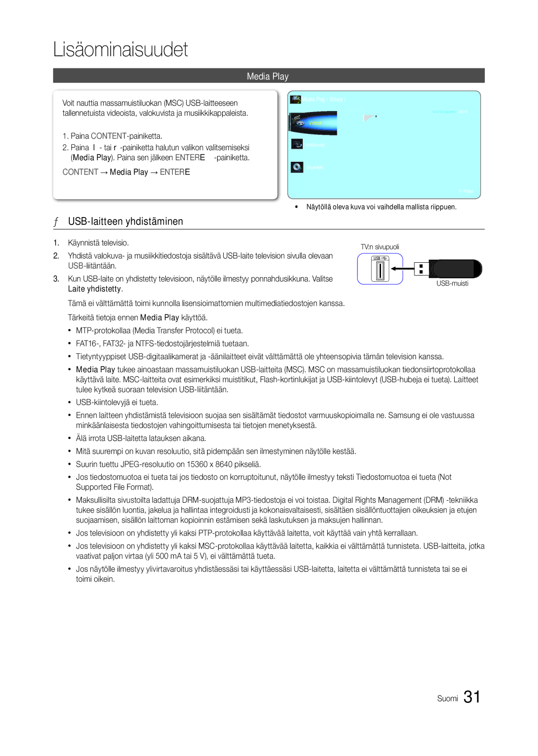 Samsung LT24C300EW/XE, LT27C370EW/XE, LT22C300EW/XE manual Lisäominaisuudet, USB-laitteen yhdistäminen, Media Play 