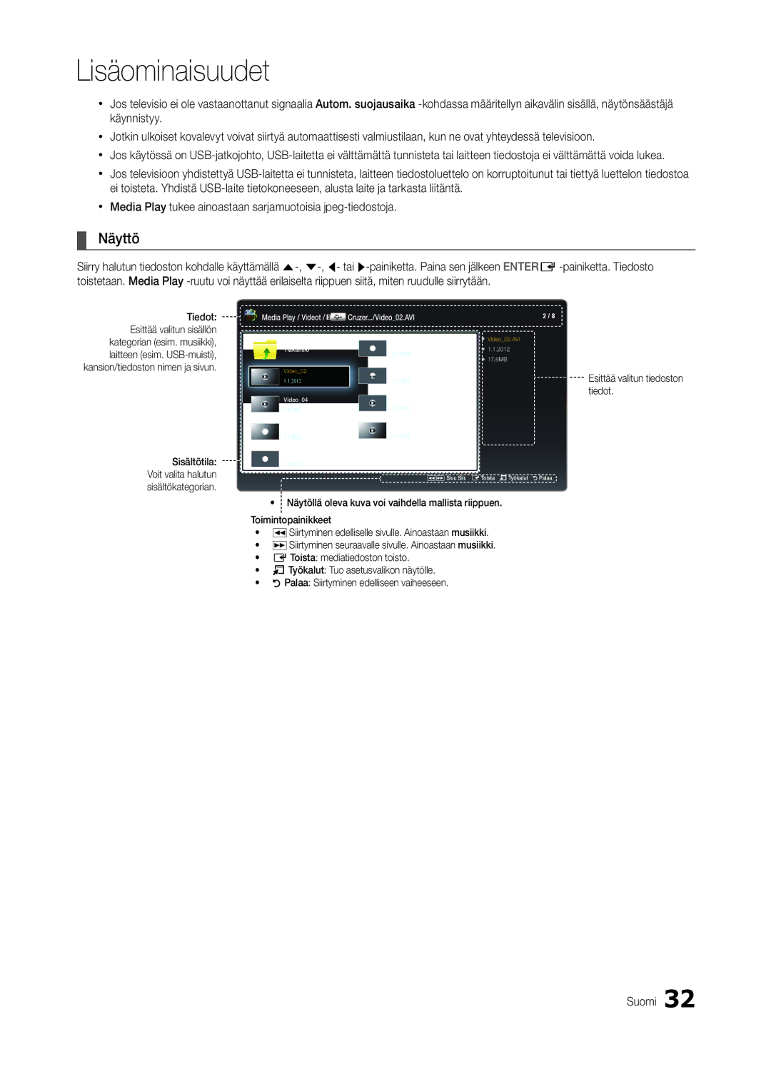 Samsung LT22C300EW/XE, LT27C370EW/XE, LT24C300EW/XE manual Näyttö, Media Play / Videot Cruzer.../Video02.AVI 