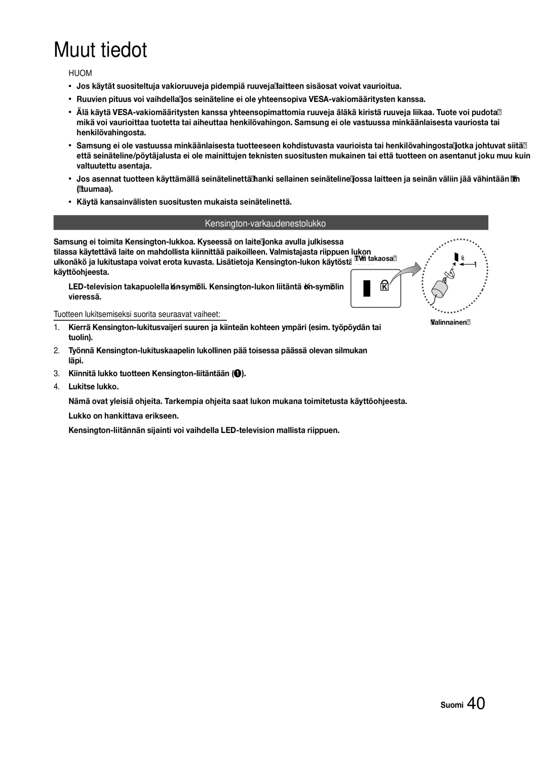 Samsung LT24C300EW/XE, LT27C370EW/XE, LT22C300EW/XE manual Kensington-varkaudenestolukko 