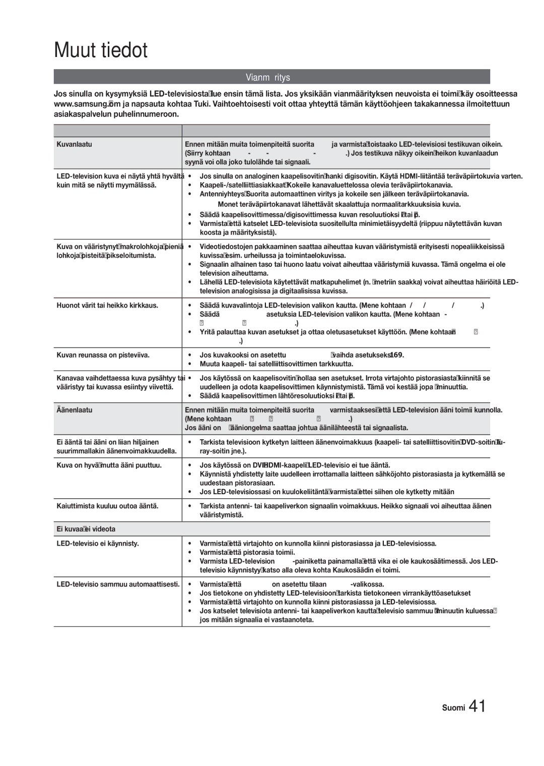 Samsung LT22C300EW/XE, LT27C370EW/XE, LT24C300EW/XE manual Vianmääritys, Ongelmat Ratkaisut ja selitykset 