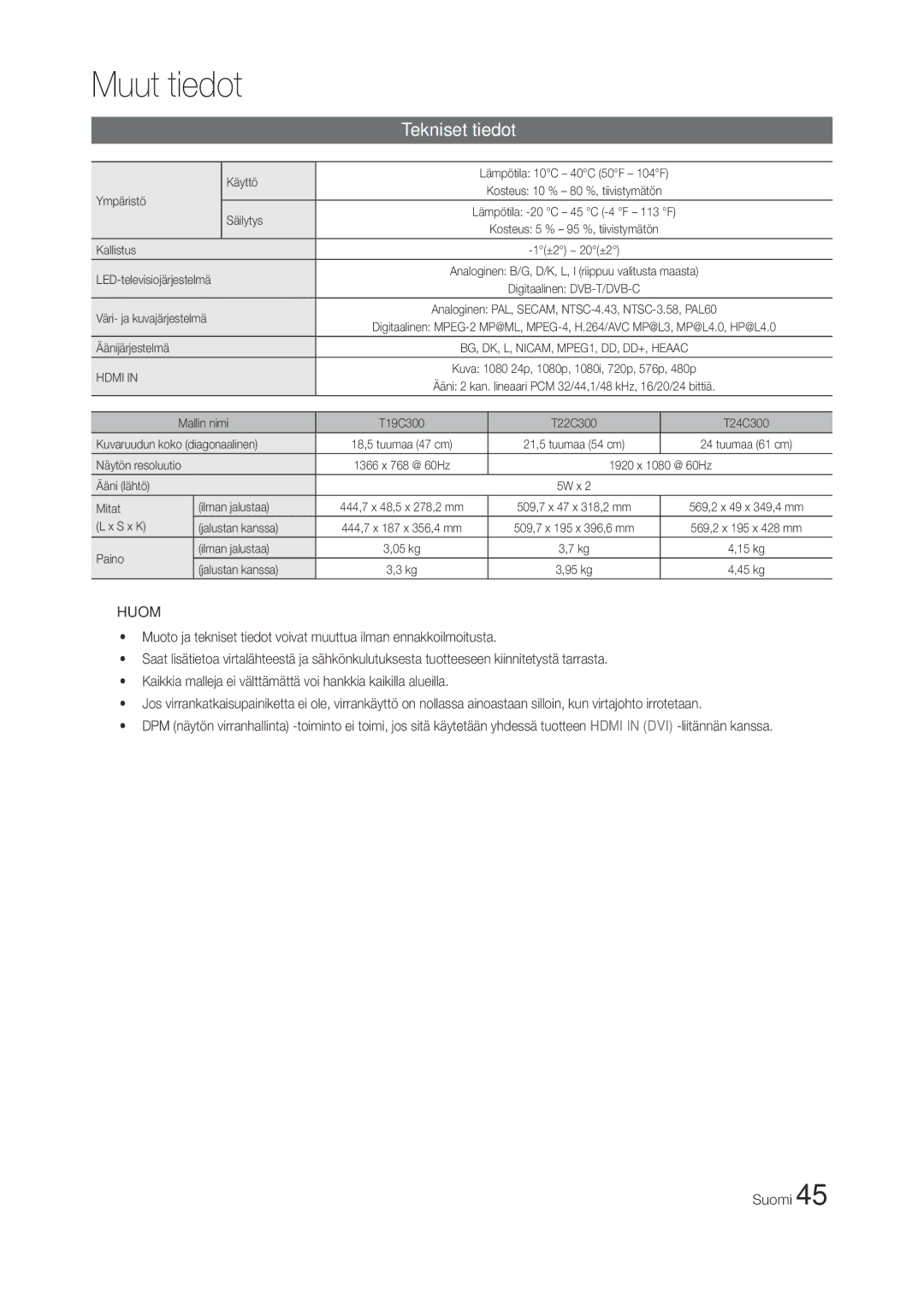 Samsung LT27C370EW/XE Käyttö, Ympäristö Säilytys, Kallistus ±2 ~ 20±2 LED-televisiojärjestelmä, Väri- ja kuvajärjestelmä 