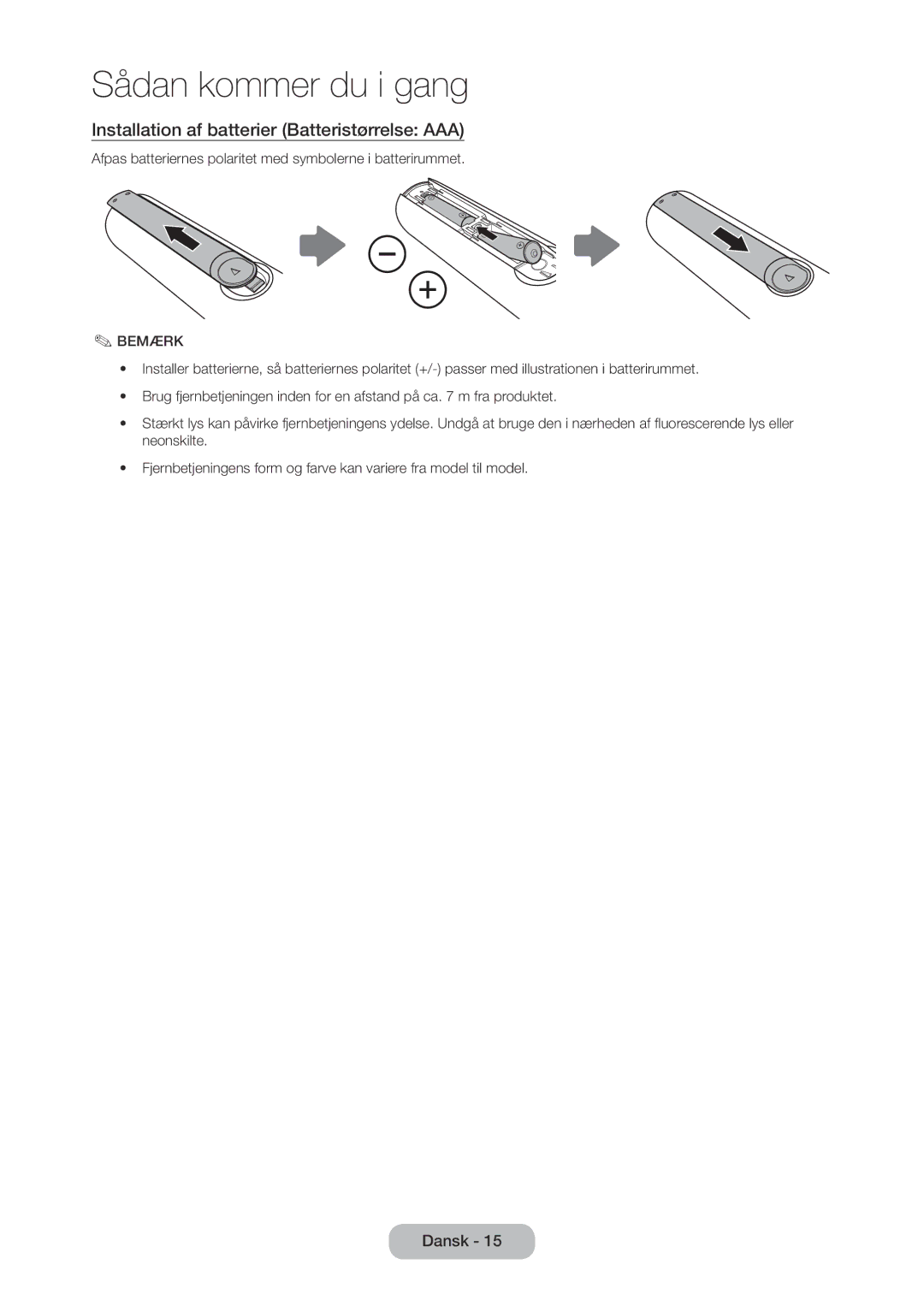 Samsung LT23C350EW/XE, LT27C370EW/XE, LT27C350EW/XE, LT24C350EW/XE manual Installation af batterier Batteristørrelse AAA 