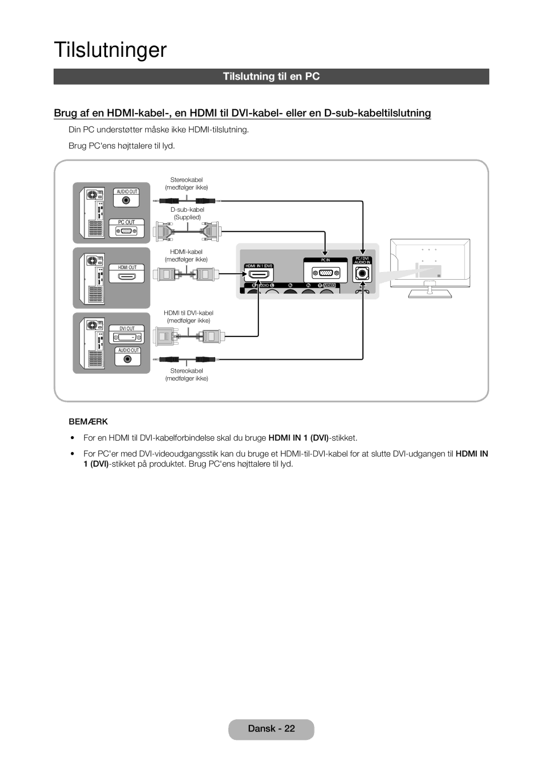 Samsung LT24C350EW/XE, LT27C370EW/XE, LT27C350EW/XE, LT23C350EW/XE manual Tilslutning til en PC 