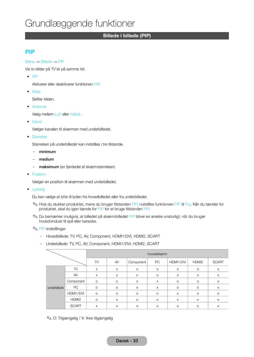 Samsung LT27C350EW/XE, LT27C370EW/XE, LT24C350EW/XE, LT23C350EW/XE manual Billede i billede PIP 