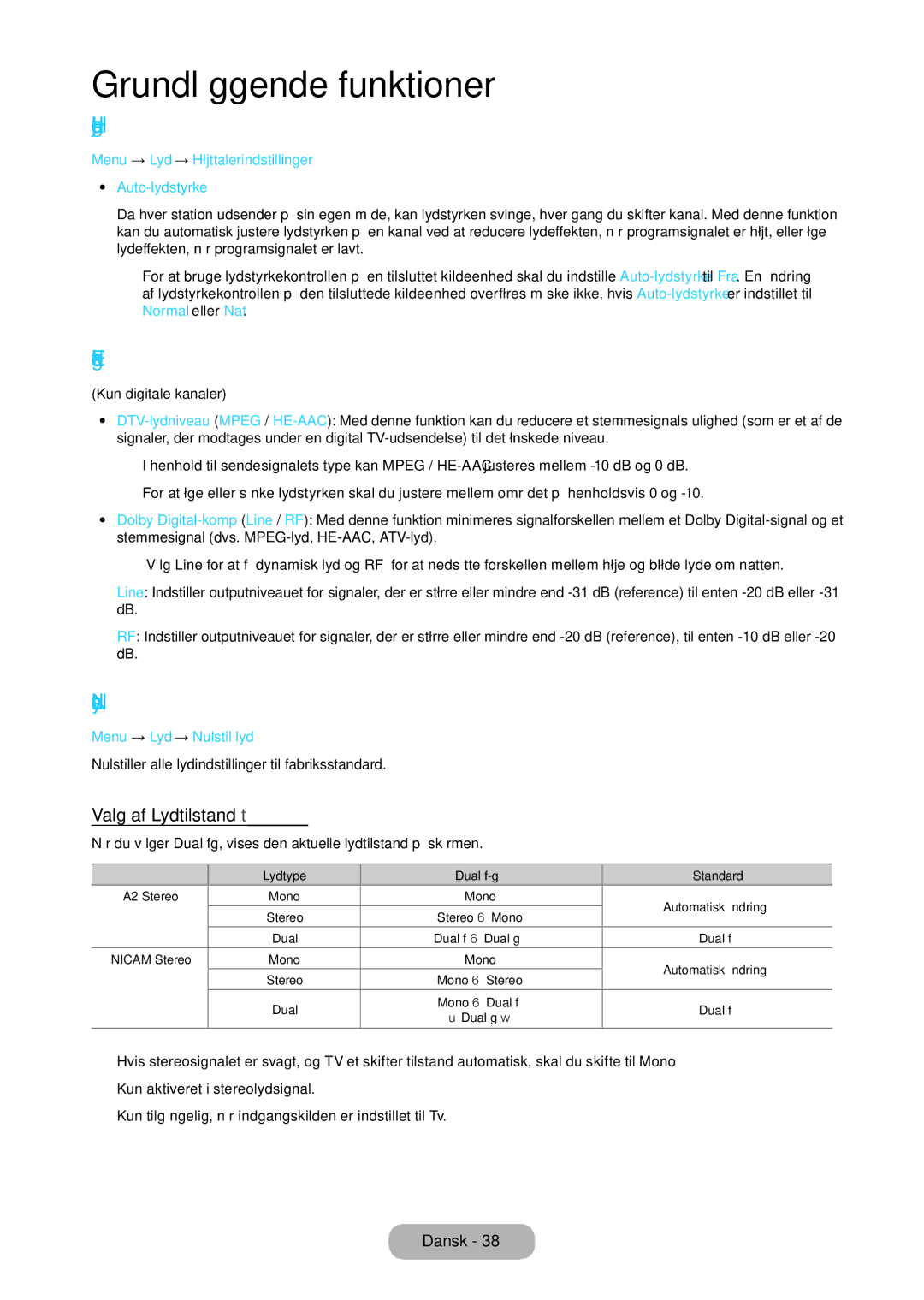 Samsung LT24C350EW/XE, LT27C370EW/XE manual Højttalerindstillinger, Ekstra indstillinger, Nulstil lyd, Valg af Lydtilstand t 