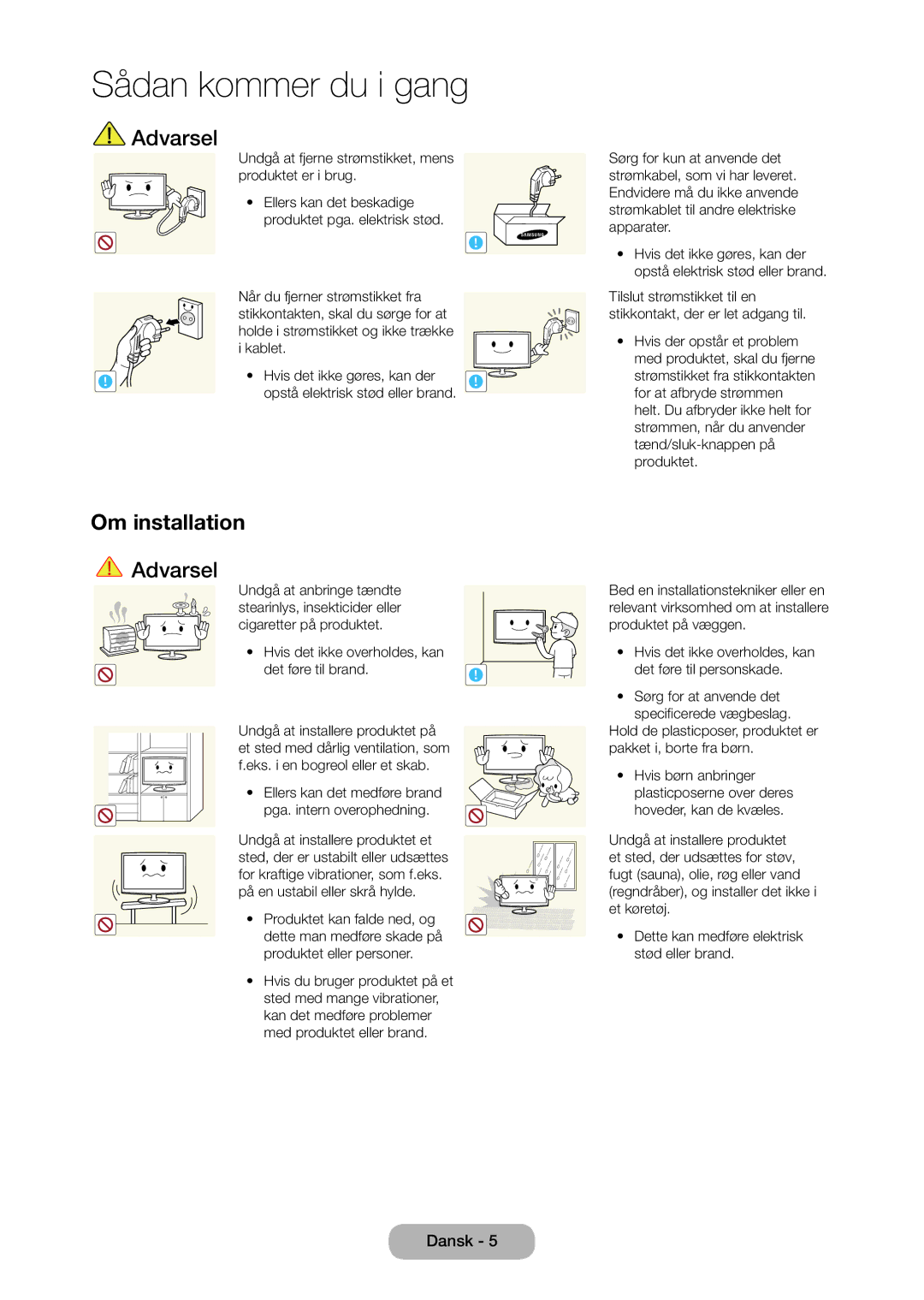 Samsung LT27C350EW/XE, LT27C370EW/XE, LT24C350EW/XE, LT23C350EW/XE manual Om installation, Hvis det ikke overholdes, kan 