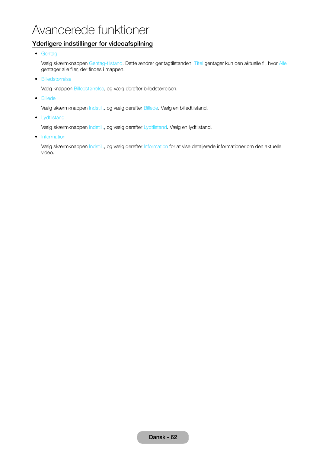 Samsung LT24C350EW/XE manual Yderligere indstillinger for videoafspilning, Gentag, Billede, Lydtilstand, Information 