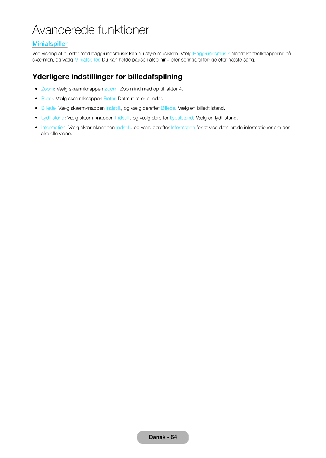 Samsung LT27C370EW/XE, LT27C350EW/XE, LT24C350EW/XE manual Yderligere indstillinger for billedafspilning, Miniafspiller 