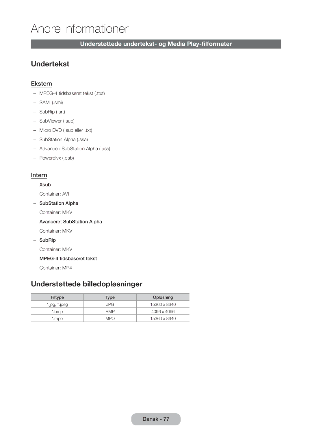 Samsung LT27C350EW/XE Undertekst, Understøttede billedopløsninger, Understøttede undertekst- og Media Play-filformater 