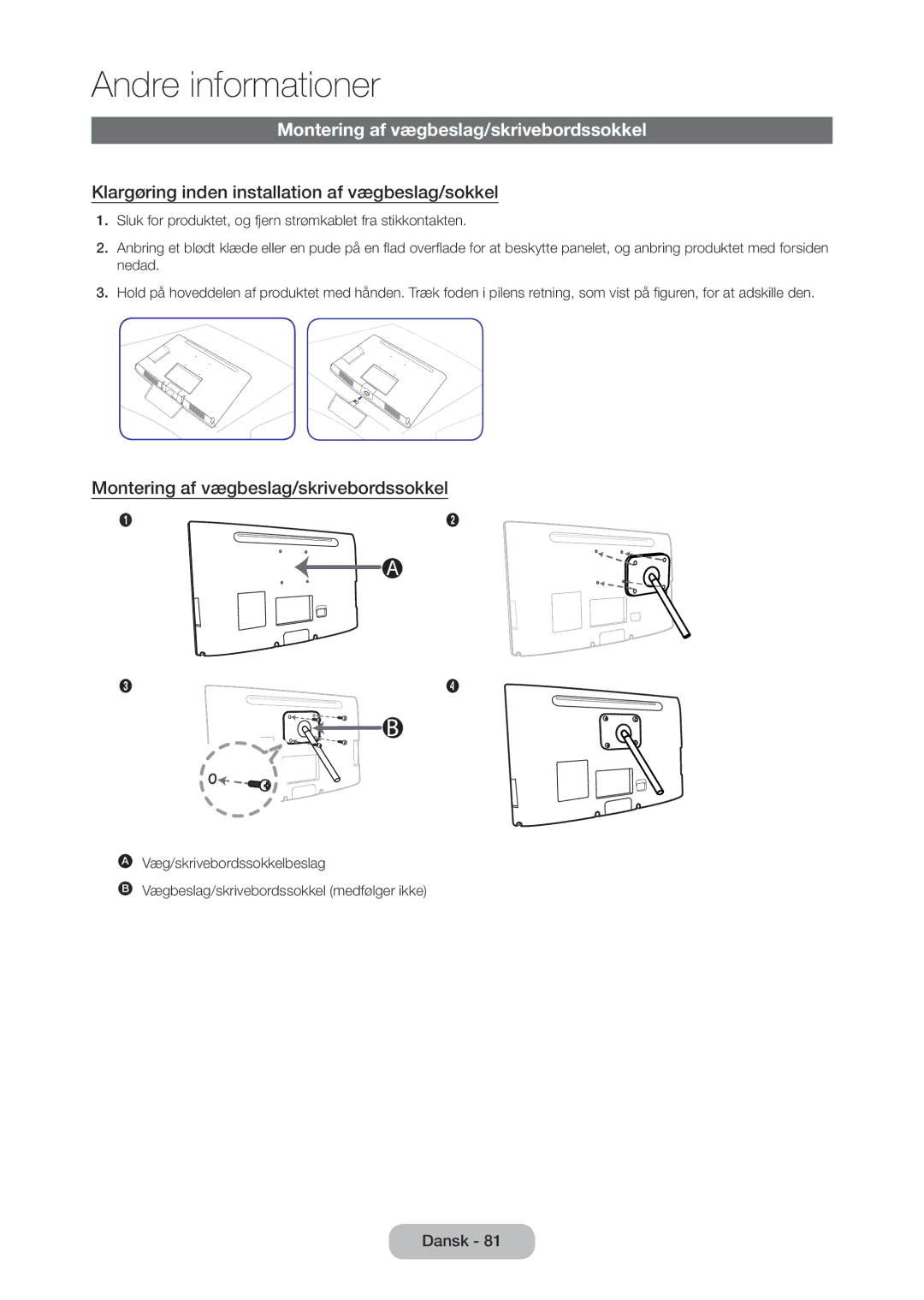 Samsung LT27C350EW/XE manual Montering af vægbeslag/skrivebordssokkel, Klargøring inden installation af vægbeslag/sokkel 