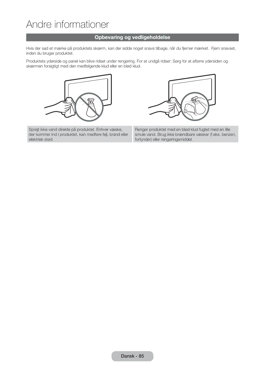 Samsung LT27C350EW/XE, LT27C370EW/XE, LT24C350EW/XE, LT23C350EW/XE manual Opbevaring og vedligeholdelse 