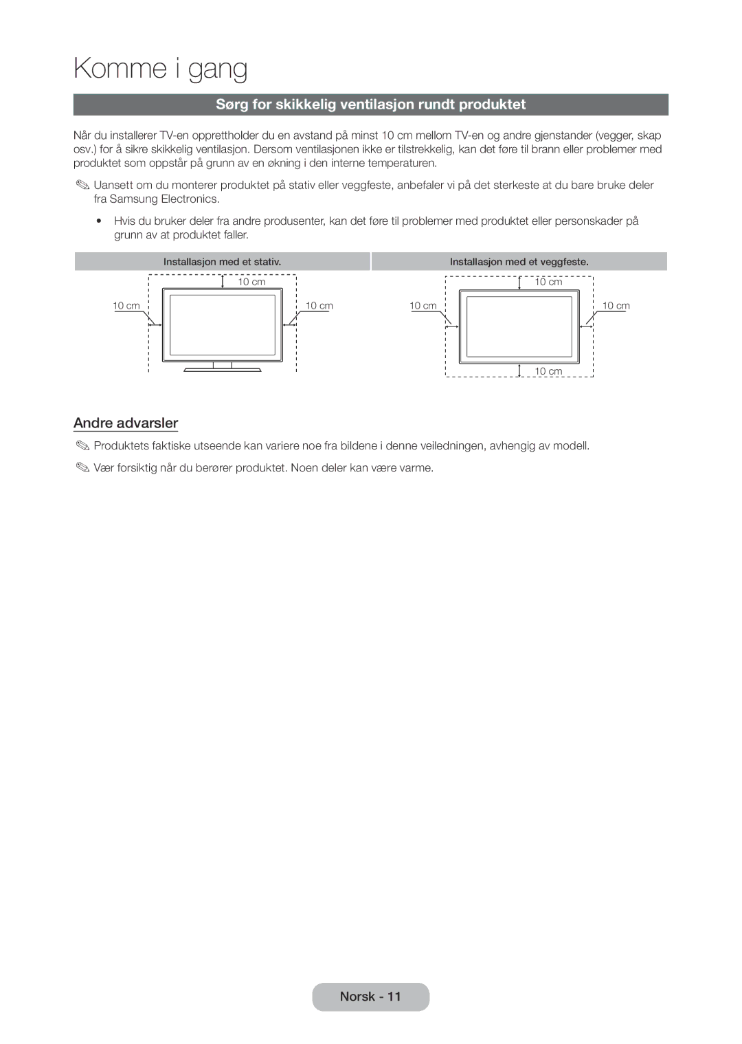 Samsung LT23C350EW/XE, LT27C370EW/XE, LT27C350EW/XE manual Sørg for skikkelig ventilasjon rundt produktet, Andre advarsler 