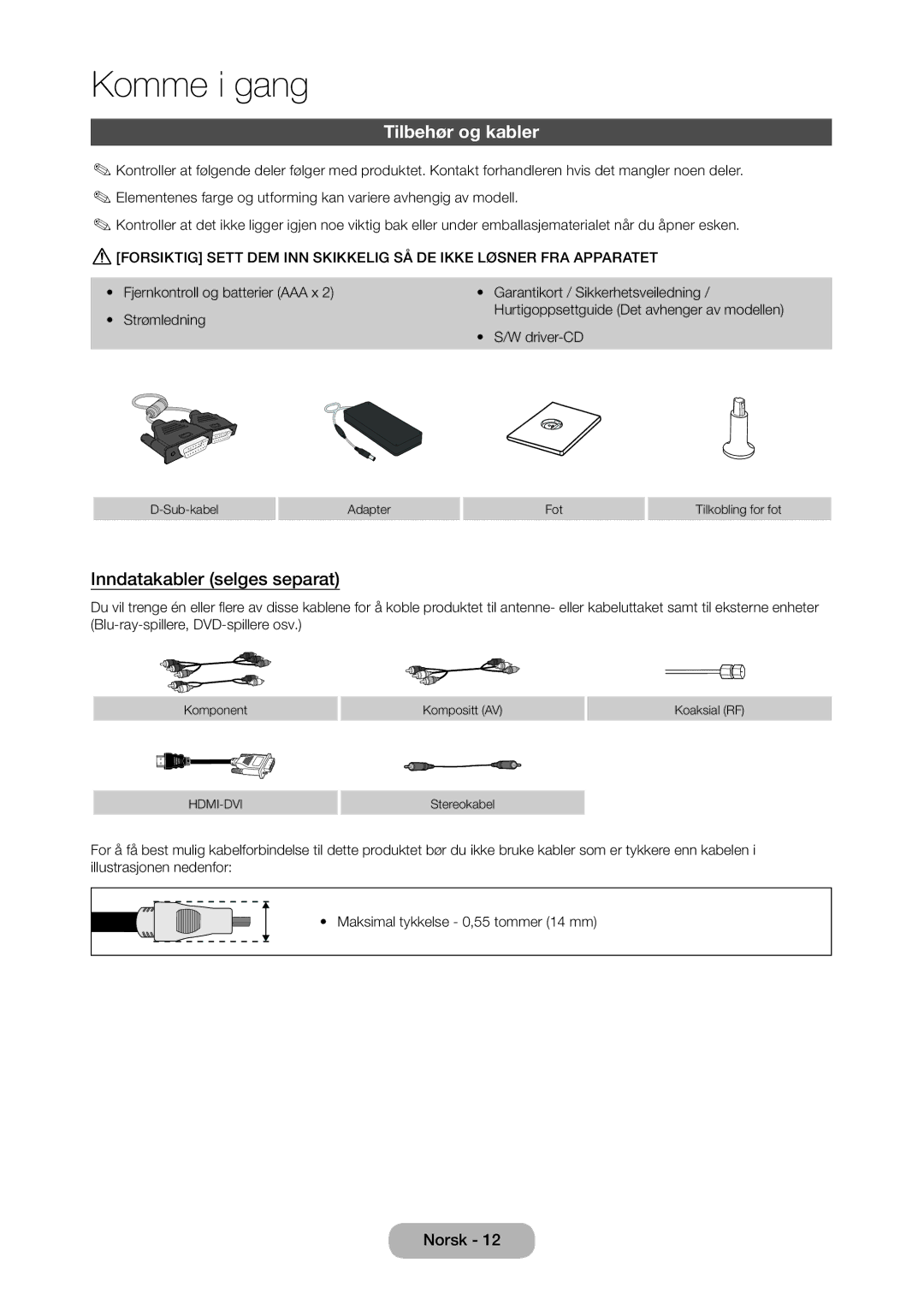 Samsung LT27C370EW/XE, LT27C350EW/XE, LT24C350EW/XE, LT23C350EW/XE manual Tilbehør og kabler, Inndatakabler selges separat 