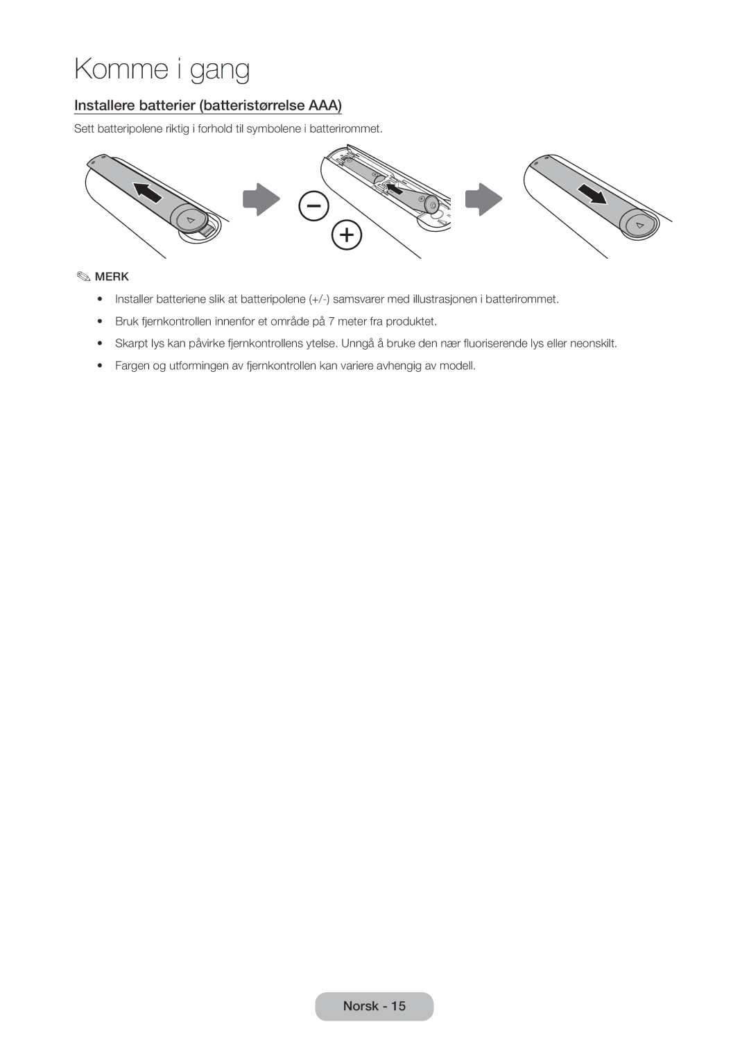 Samsung LT23C350EW/XE, LT27C370EW/XE, LT27C350EW/XE, LT24C350EW/XE manual Installere batterier batteristørrelse AAA, Merk 