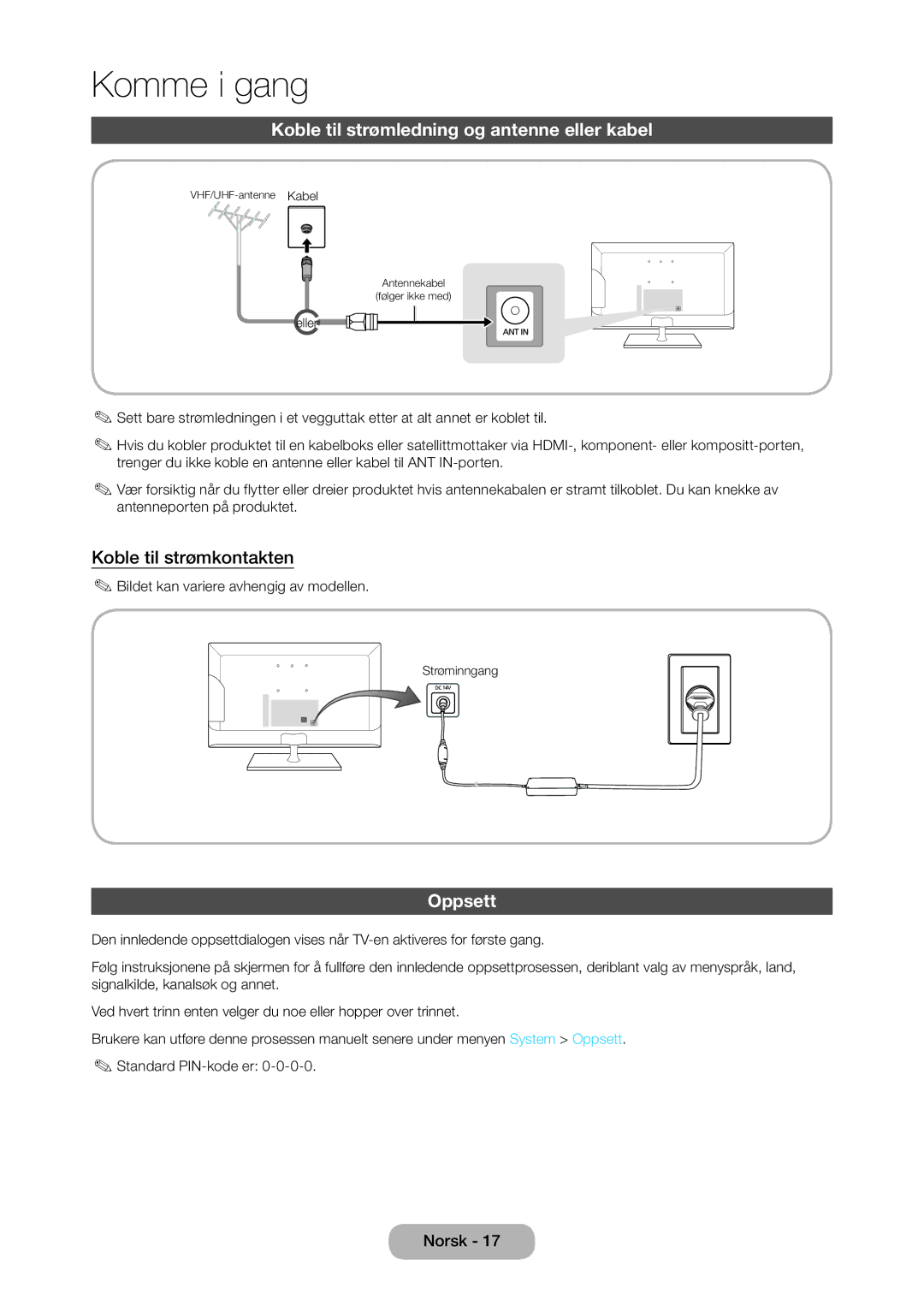 Samsung LT27C350EW/XE, LT27C370EW/XE manual Koble til strømledning og antenne eller kabel, Koble til strømkontakten, Oppsett 