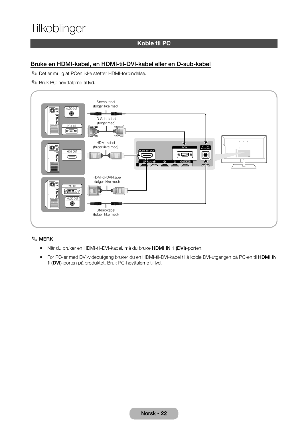 Samsung LT24C350EW/XE, LT27C370EW/XE, LT27C350EW/XE, LT23C350EW/XE manual Koble til PC 