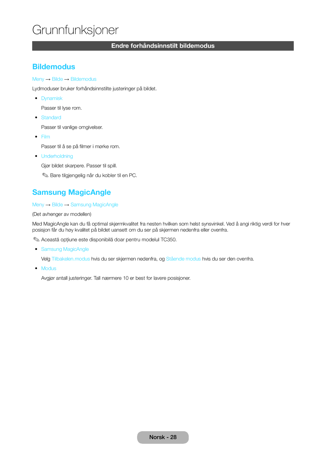 Samsung LT27C370EW/XE, LT27C350EW/XE, LT24C350EW/XE manual Bildemodus, Samsung MagicAngle, Endre forhåndsinnstilt bildemodus 