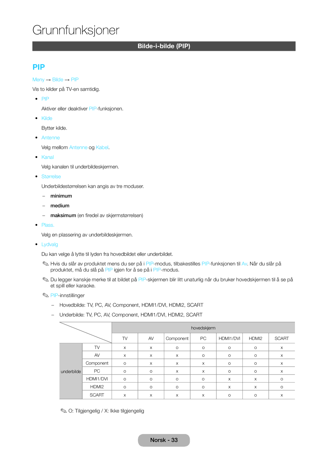 Samsung LT27C350EW/XE, LT27C370EW/XE, LT24C350EW/XE, LT23C350EW/XE manual Bilde-i-bilde PIP 