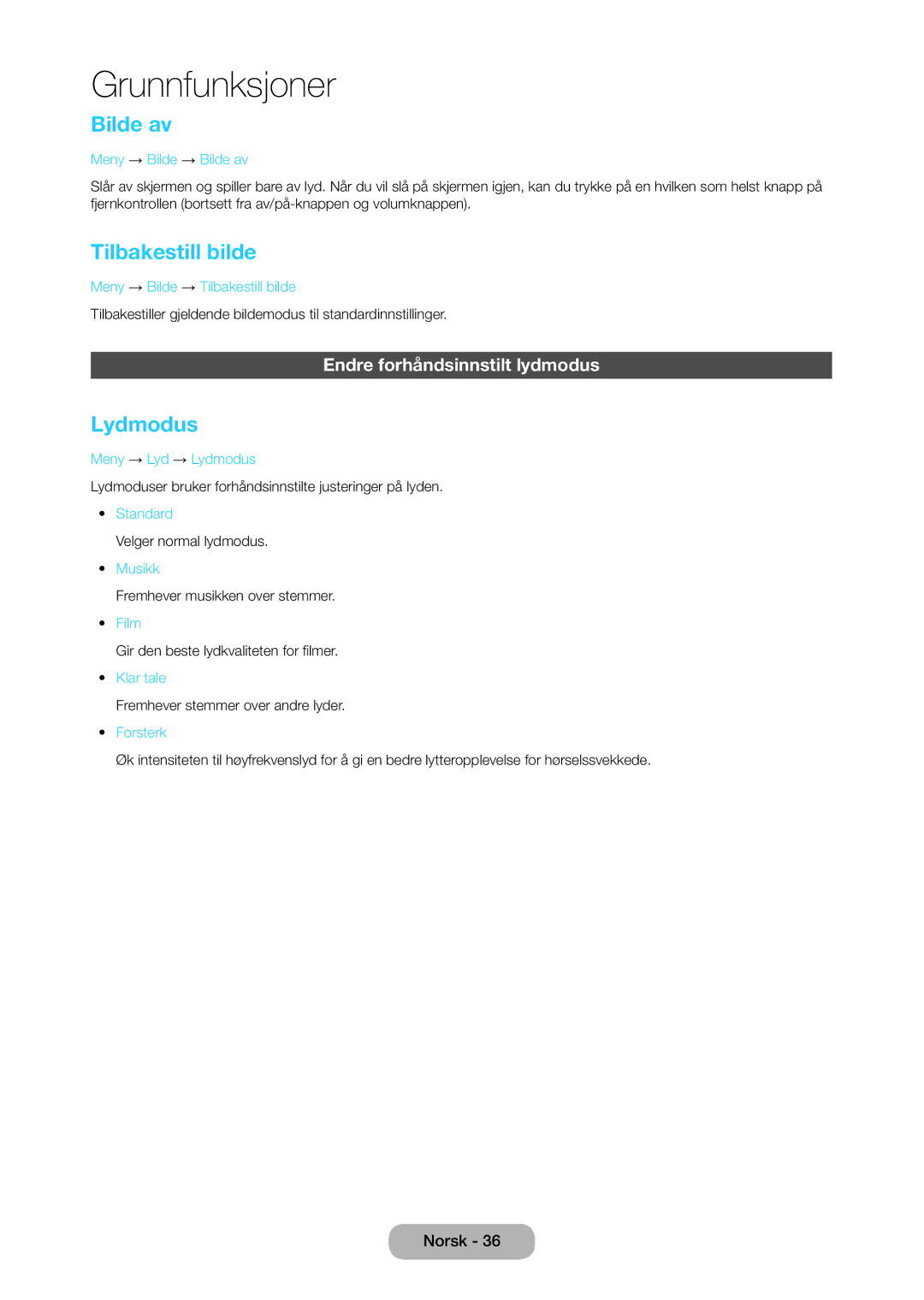 Samsung LT27C370EW/XE, LT27C350EW/XE, LT24C350EW/XE Bilde av, Tilbakestill bilde, Lydmodus, Endre forhåndsinnstilt lydmodus 