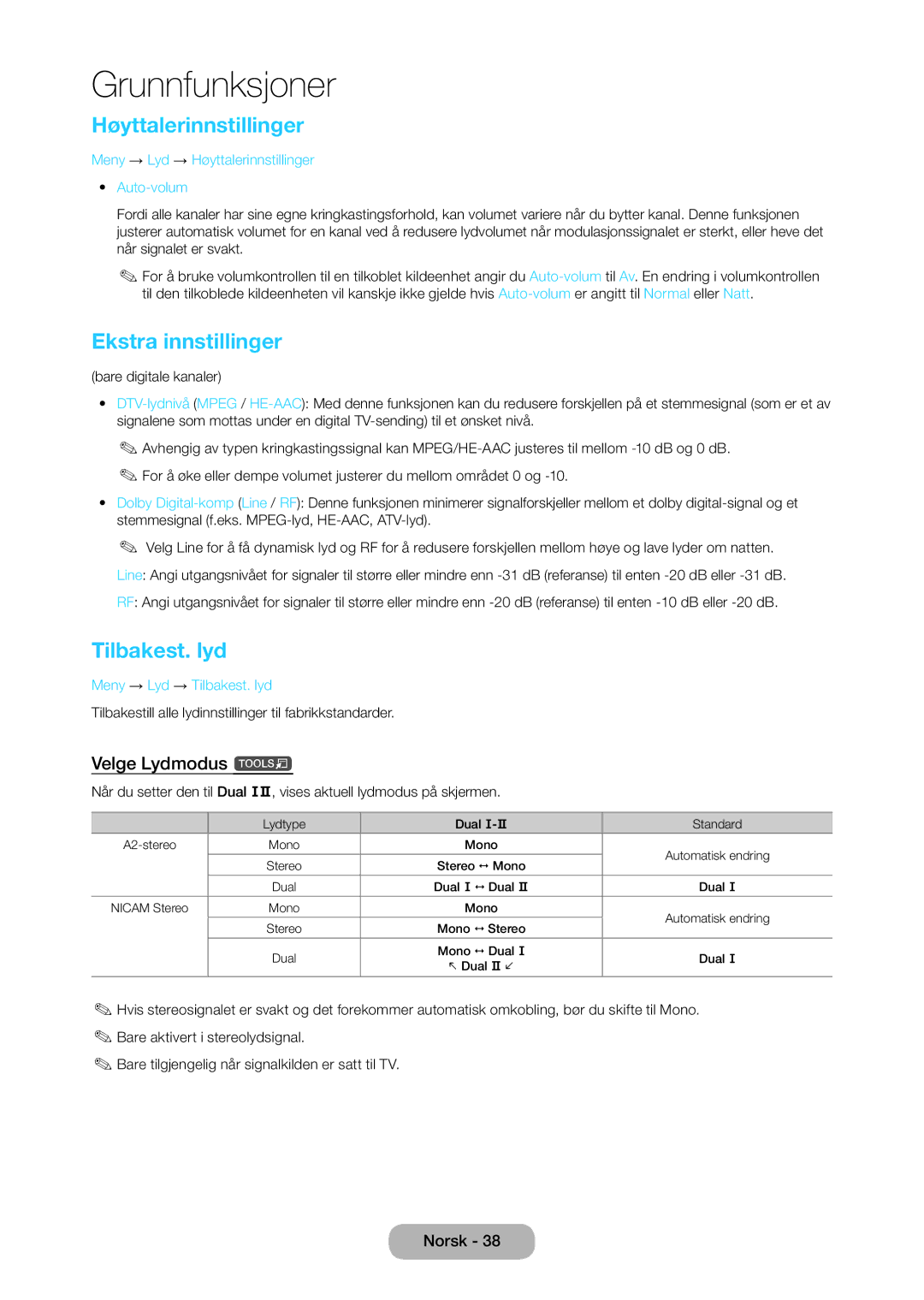 Samsung LT24C350EW/XE, LT27C370EW/XE manual Høyttalerinnstillinger, Ekstra innstillinger, Tilbakest. lyd, Velge Lydmodus t 