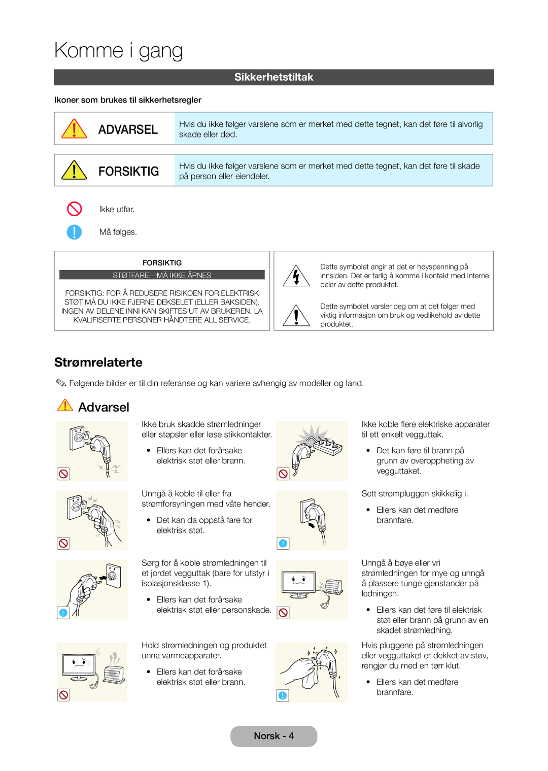 Samsung LT27C370EW/XE, LT27C350EW/XE, LT24C350EW/XE, LT23C350EW/XE manual Strømrelaterte, Sikkerhetstiltak 