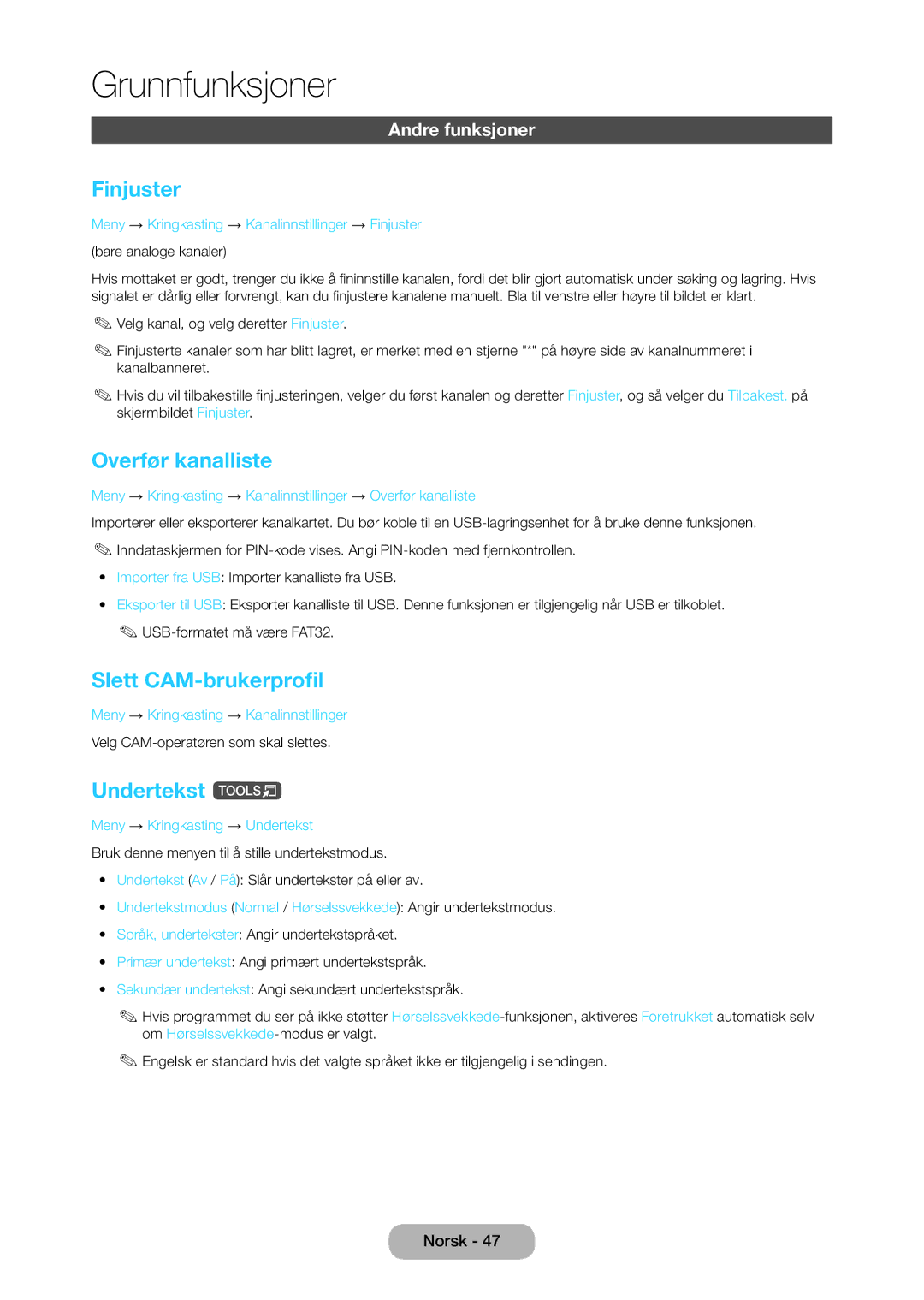 Samsung LT23C350EW/XE, LT27C370EW/XE Finjuster, Overfør kanalliste, Slett CAM-brukerprofil, Undertekst t, Andre funksjoner 