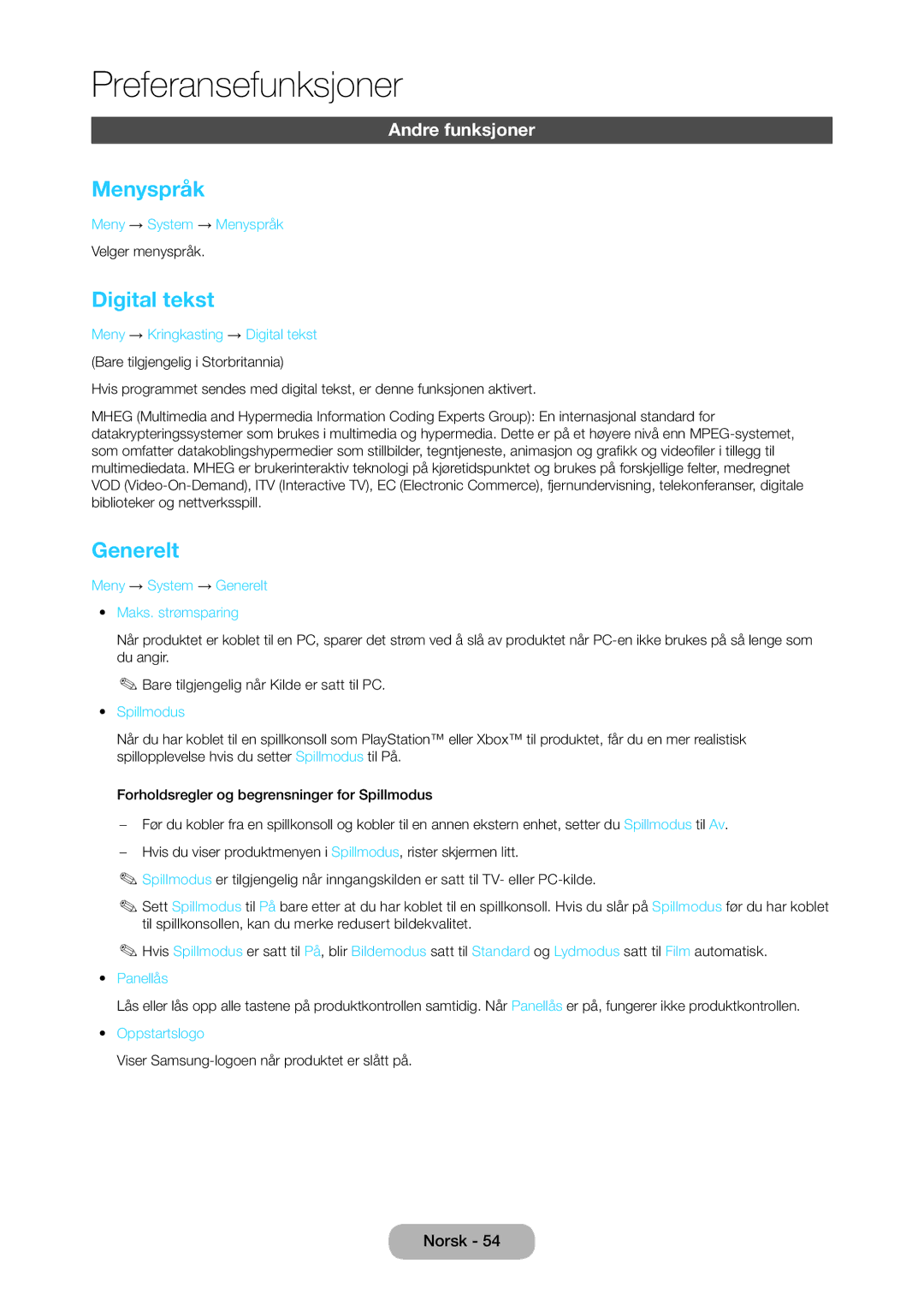 Samsung LT24C350EW/XE, LT27C370EW/XE, LT27C350EW/XE, LT23C350EW/XE manual Menyspråk, Digital tekst, Generelt 