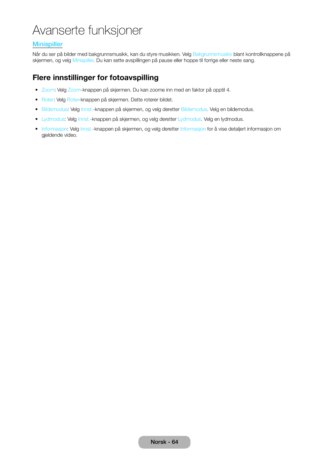 Samsung LT27C370EW/XE, LT27C350EW/XE, LT24C350EW/XE, LT23C350EW/XE manual Flere innstillinger for fotoavspilling, Minispiller 