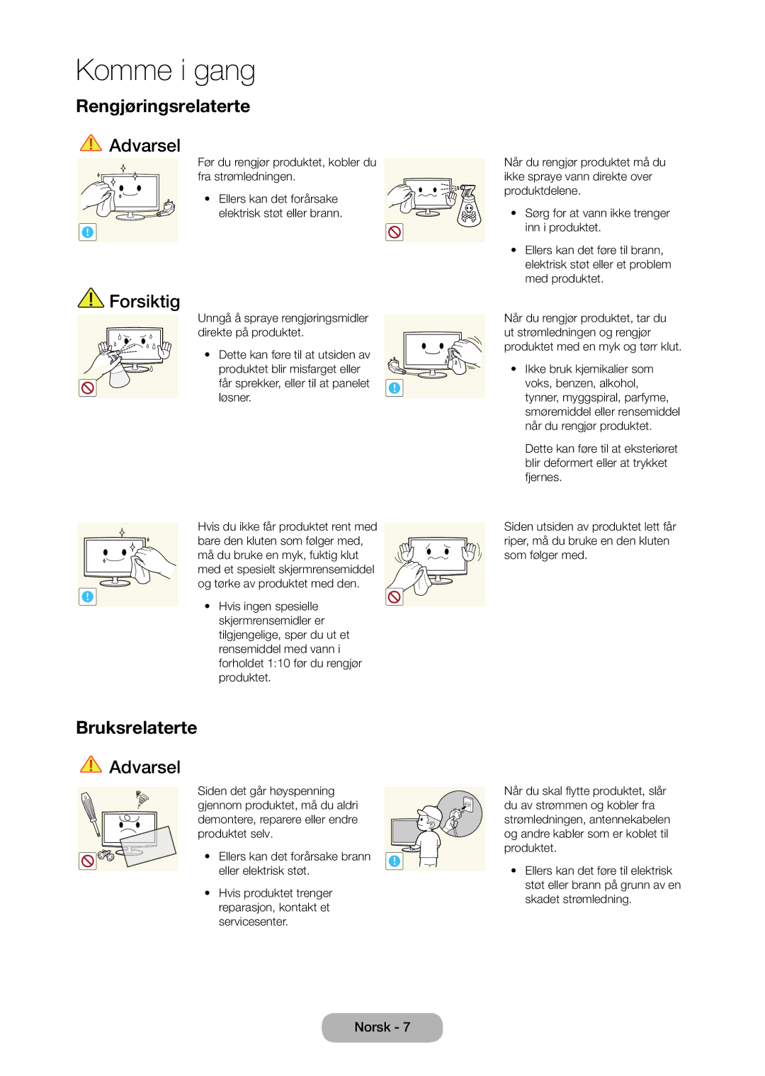 Samsung LT23C350EW/XE, LT27C370EW/XE, LT27C350EW/XE, LT24C350EW/XE manual Rengjøringsrelaterte, Bruksrelaterte 