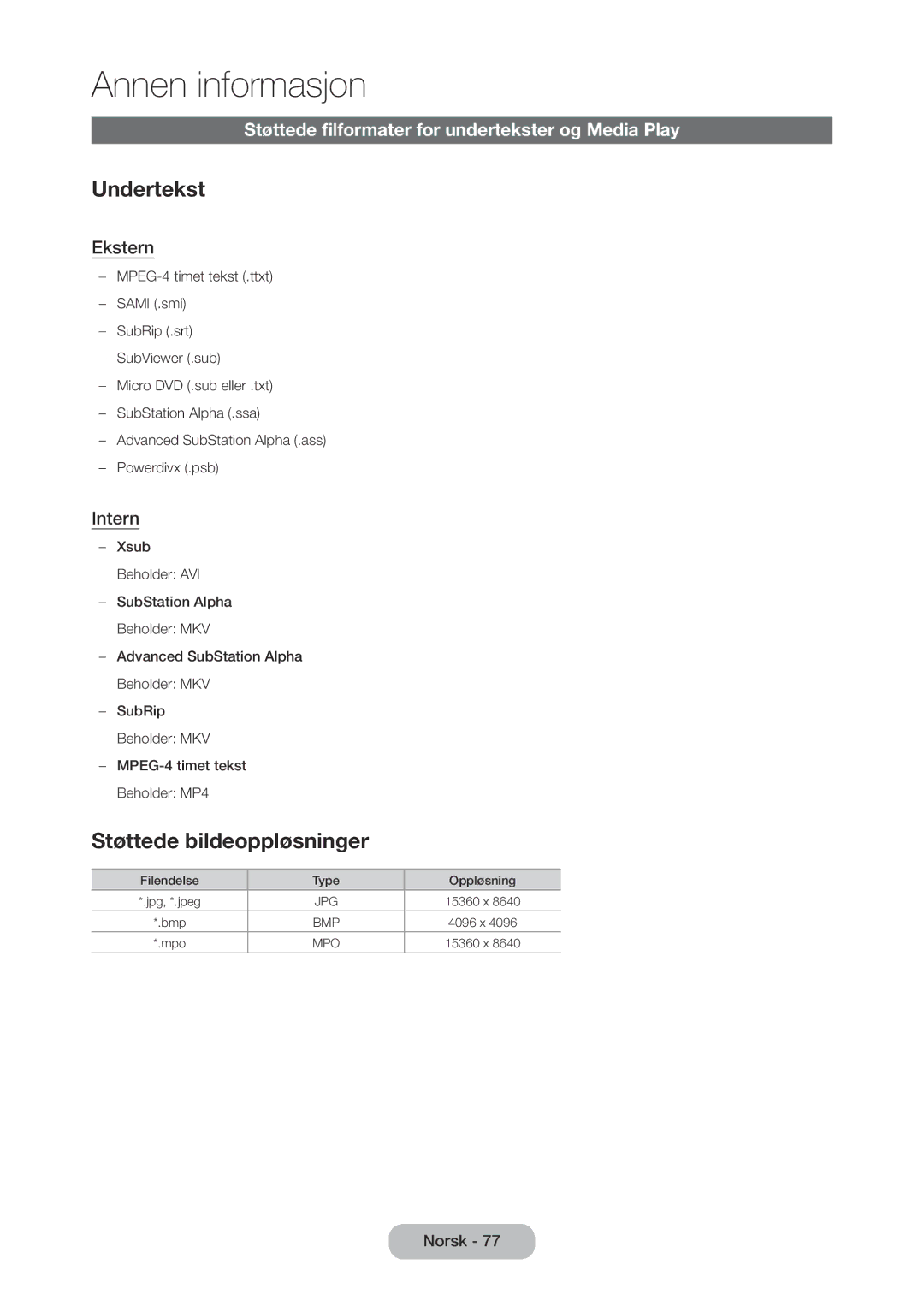 Samsung LT27C350EW/XE Undertekst, Støttede bildeoppløsninger, Støttede filformater for undertekster og Media Play, Ekstern 